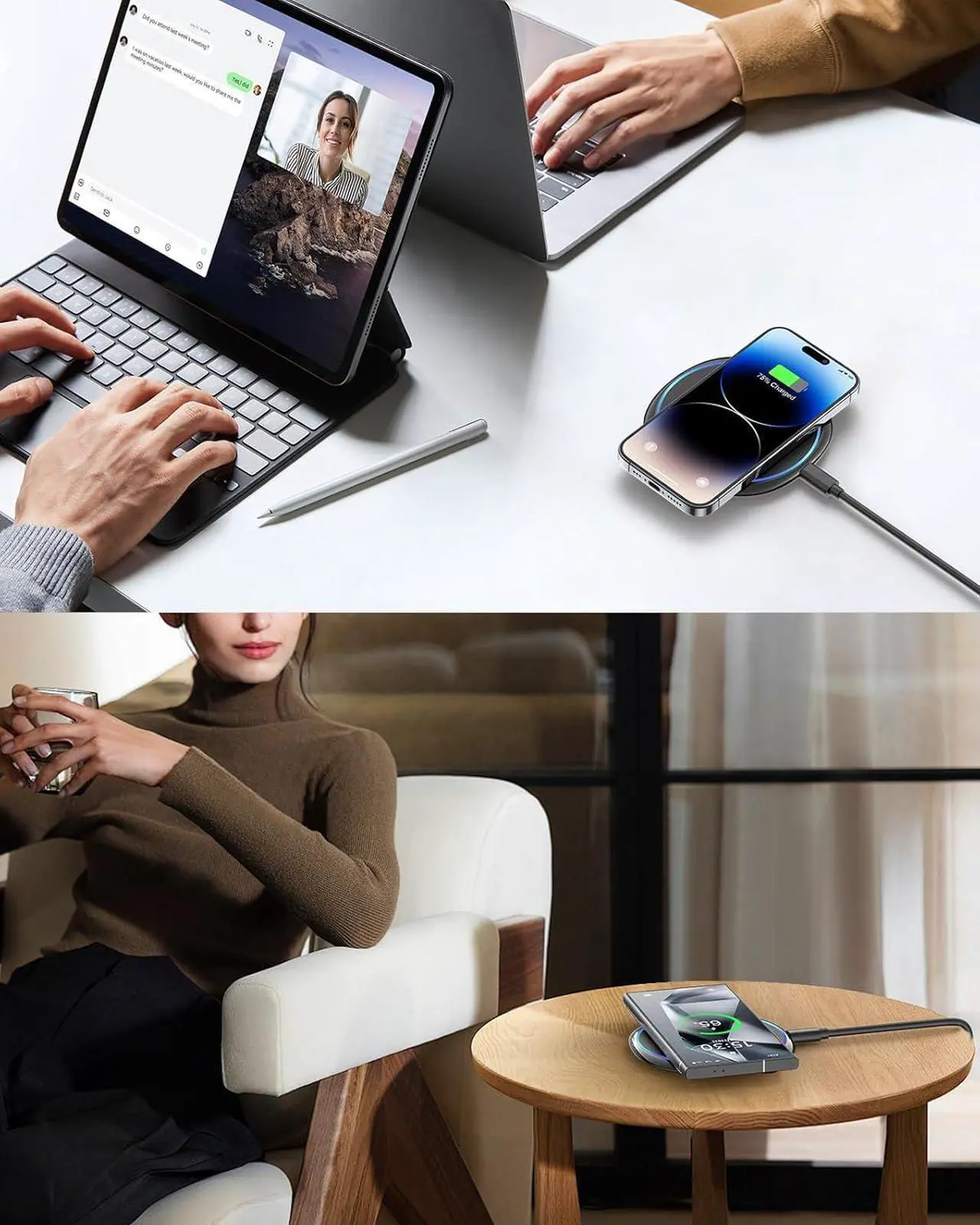 Alt view image 2 of 7 - Fast Wireless Charger 7.5W Qi Certified Charging Pad with PD3.0 Adapter USB Charger for iPhone 16/16 Plus/16 Pro/16 Pro Max/15/14/13/12/Airpods 2 10W for  S25 S24 S23 S22 S21/Note 20