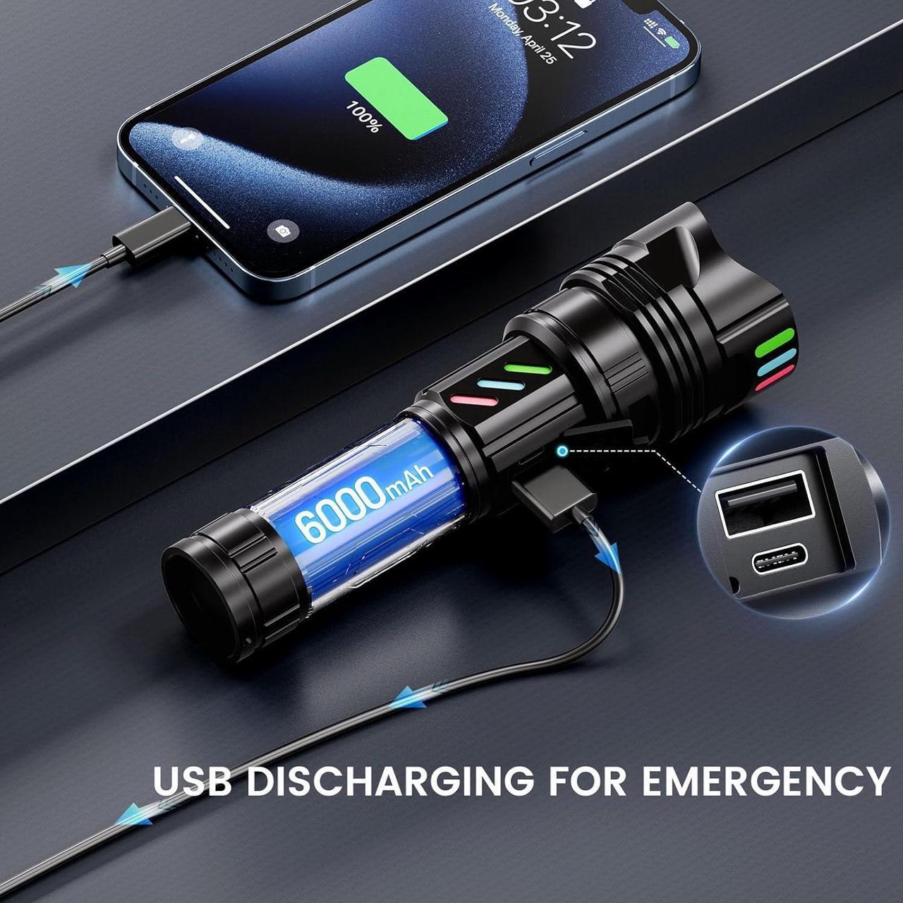 Alt view image 5 of 7 - Super Bright Flashlight 1000000 High Lumens Rechargeable Powerful Long Distance 3280ft Strong LED Flash Lights Long Lasting 10H LCD Digital USB Discharging Function Focus & Brightness Adjustable