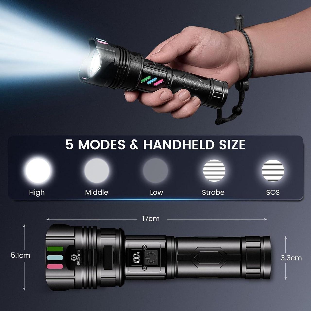 Alt view image 7 of 7 - Super Bright Flashlight 1000000 High Lumens Rechargeable Powerful Long Distance 3280ft Strong LED Flash Lights Long Lasting 10H LCD Digital USB Discharging Function Focus & Brightness Adjustable