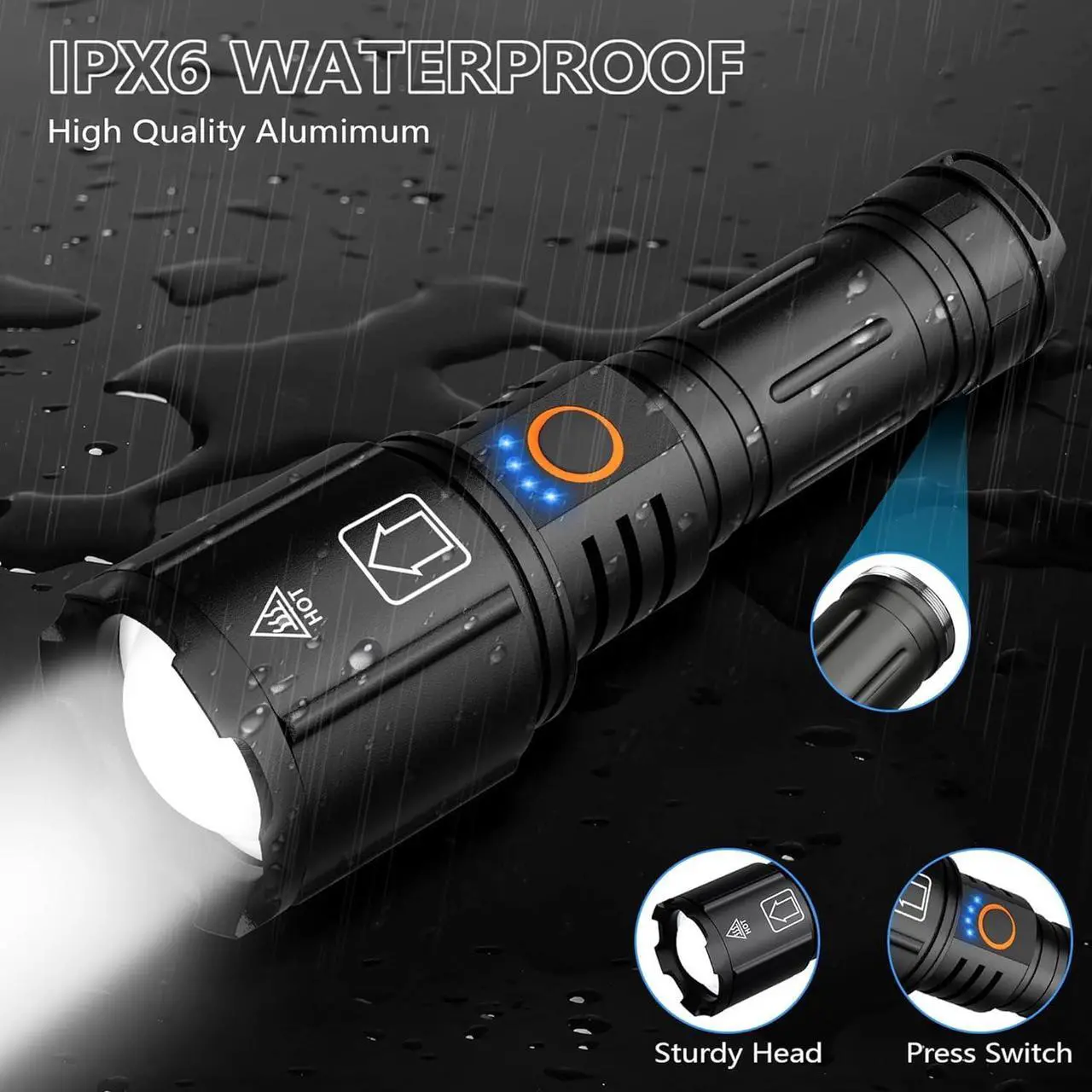 Alt view image 6 of 7 - High Lumens Rechargeable Flashlight 2 Pack 990000 Lumen Super Bright Flashlights for Home 5 Modes IPX6 Waterproof Slip Resistant