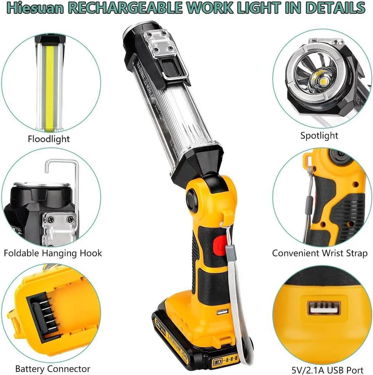 Alt view image 5 of 7 - Flashlight for Dewalt 20v Battery 35w 2000LM Portable Light with 3 Modes Lighting USB-A Charging Port Hook for Car Repairing Garage Jobsite Power Outages