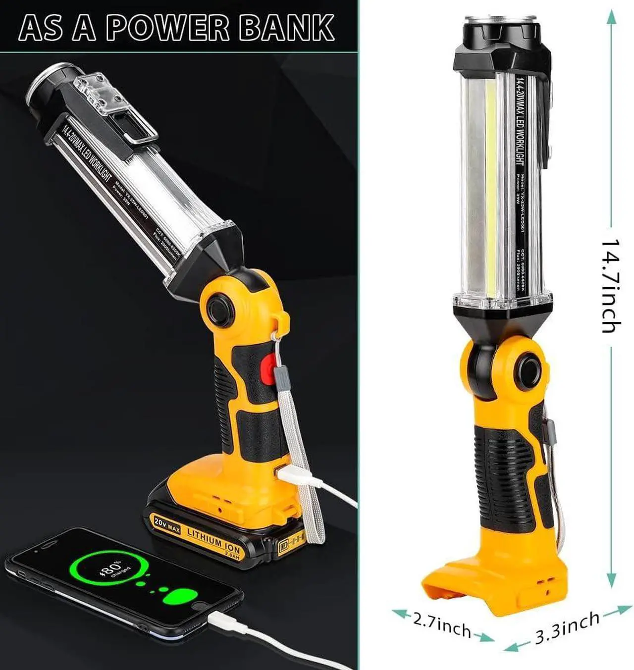 Alt view image 6 of 7 - Flashlight for Dewalt 20v Battery 35w 2000LM Portable Light with 3 Modes Lighting USB-A Charging Port Hook for Car Repairing Garage Jobsite Power Outages