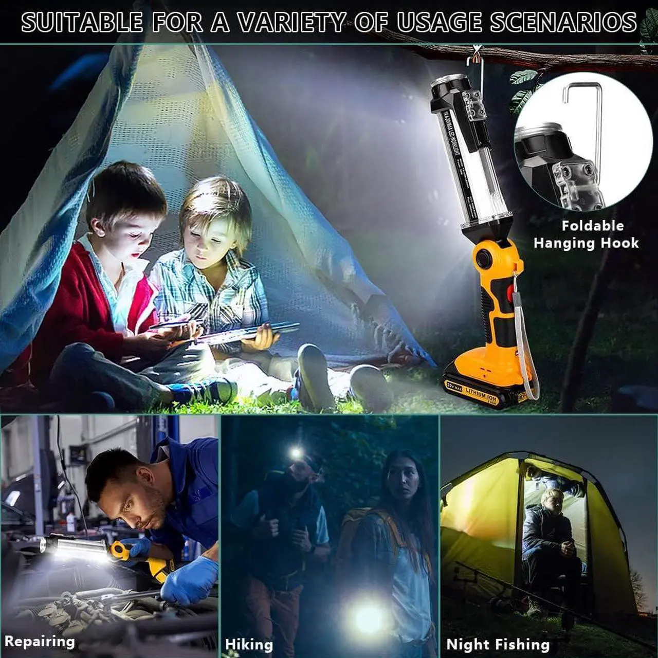 Alt view image 7 of 7 - Flashlight for Dewalt 20v Battery 35w 2000LM Portable Light with 3 Modes Lighting USB-A Charging Port Hook for Car Repairing Garage Jobsite Power Outages