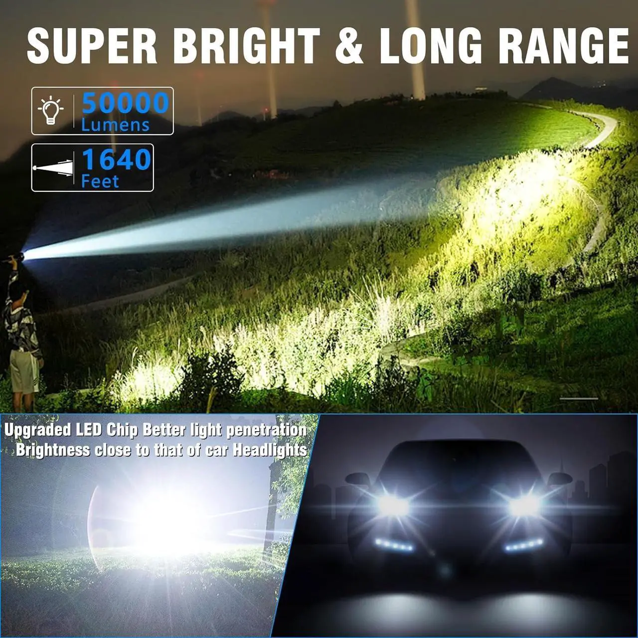Alt view image 2 of 7 - LED Flashlight High Powered 50000 Lumens Super Bright Tactical Flashlight Rechargeable Flashlights High Lumens 6 Modes Zoomable Waterproof Flash Lights for Emergency Camping Hiking