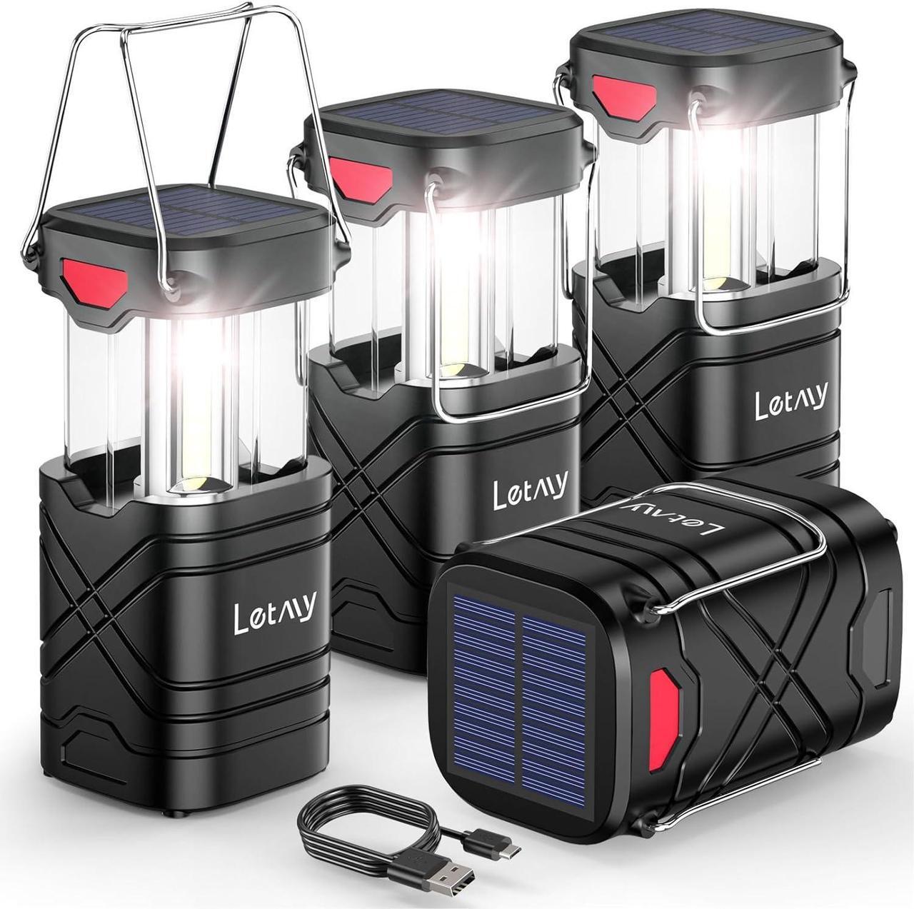 Main image of 4 Pack Camping Lantern Rechargeable LED Lanterns Solar Lantern Battery Powered Hurricane Lantern Flashlights with 3 Powered Ways & USB Cable for Emergency Power Outage Hurricane Supplies