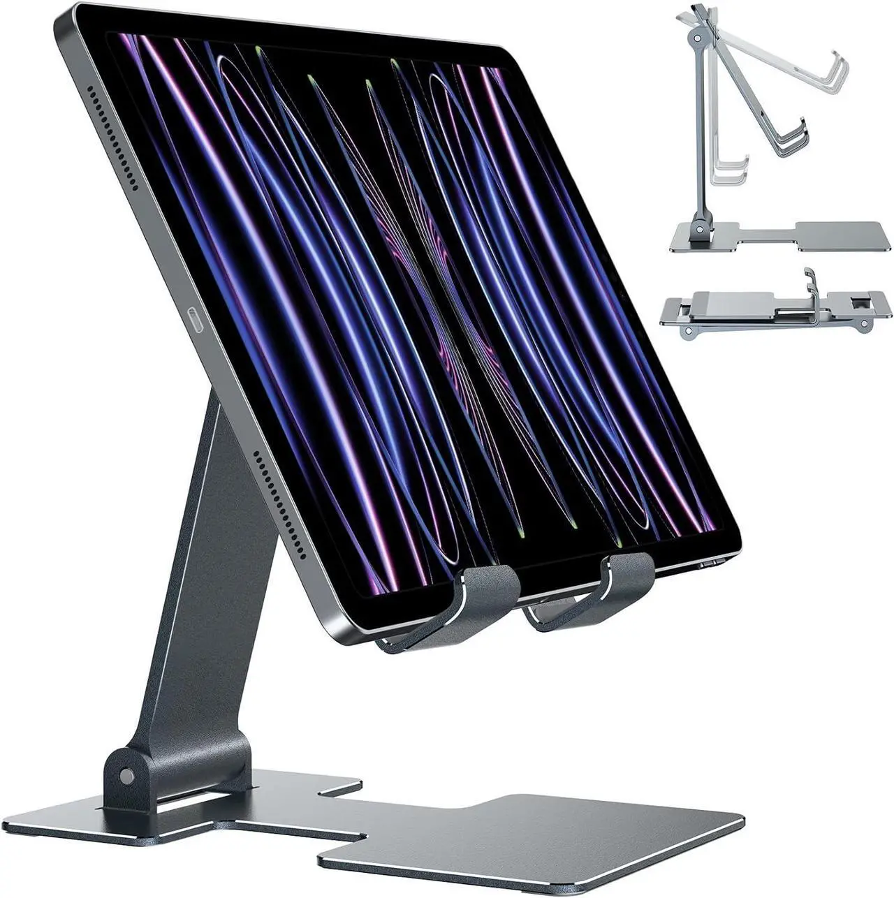 Main image of Tablet Stand Adjustable Tablet Holder for Desk Foldable Aluminium for iPad Stand Dock Holder for iPad Air 5/4/Mini 6/Mini 5/10.2/Pro 12.9/Pro 11 Portable Monitor Surface (4-13 inch)-Grey