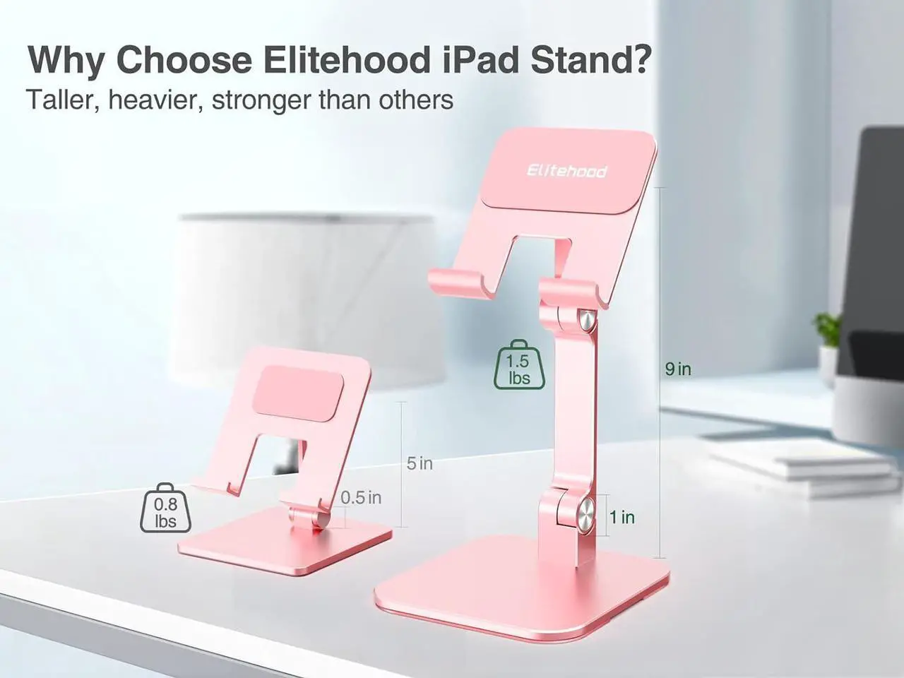 Alt view image 2 of 7 - Aluminum iPad Stand for Desk [Ultra-Stable & Sturdy] Height Adjustable Tablet Stand Portable Stand Holder Dock for Home Office Compatible with iPad Pro 12.9 iPad Air Mini 6 5 4 3 Pink