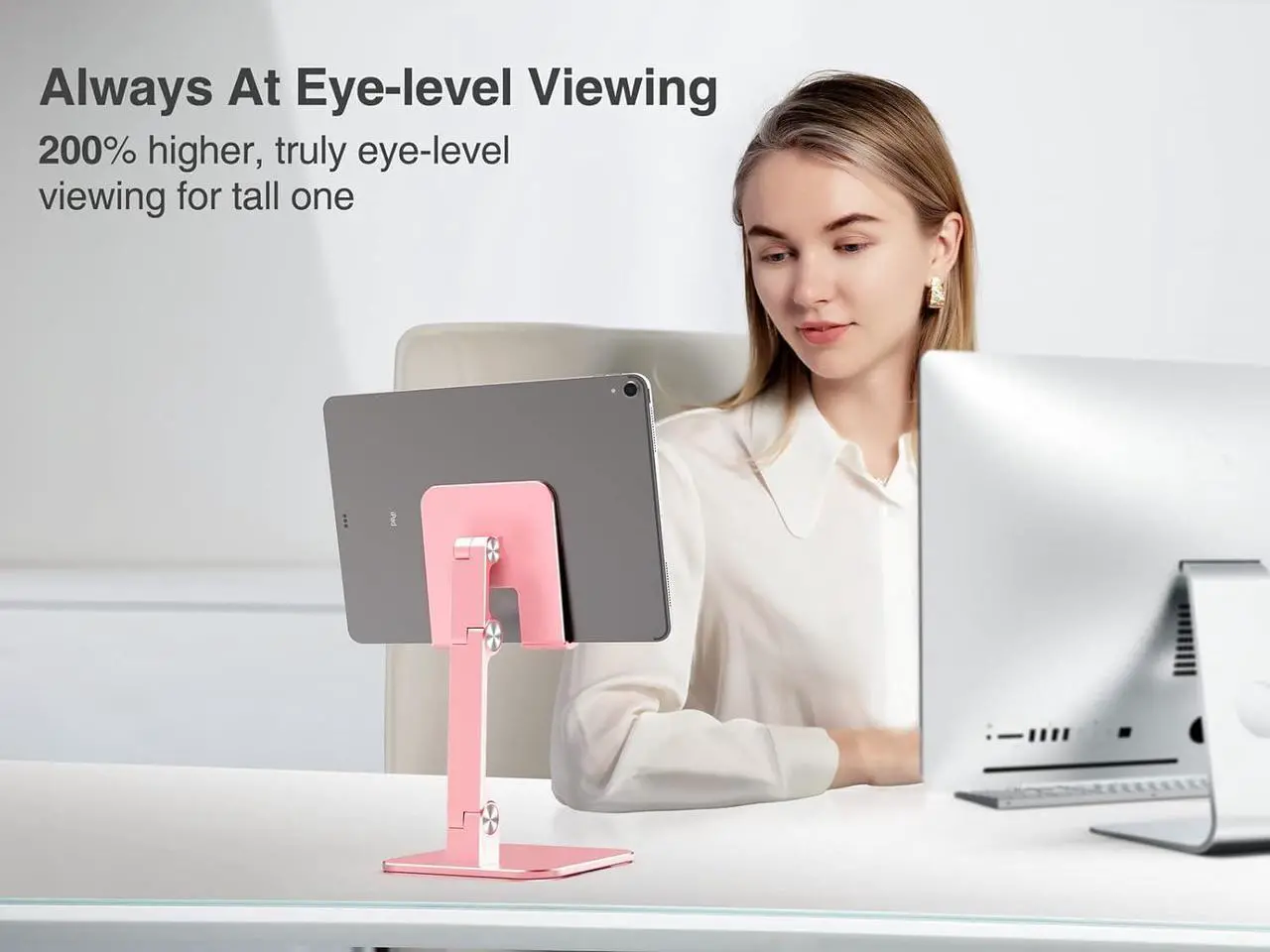Alt view image 3 of 7 - Aluminum iPad Stand for Desk [Ultra-Stable & Sturdy] Height Adjustable Tablet Stand Portable Stand Holder Dock for Home Office Compatible with iPad Pro 12.9 iPad Air Mini 6 5 4 3 Pink