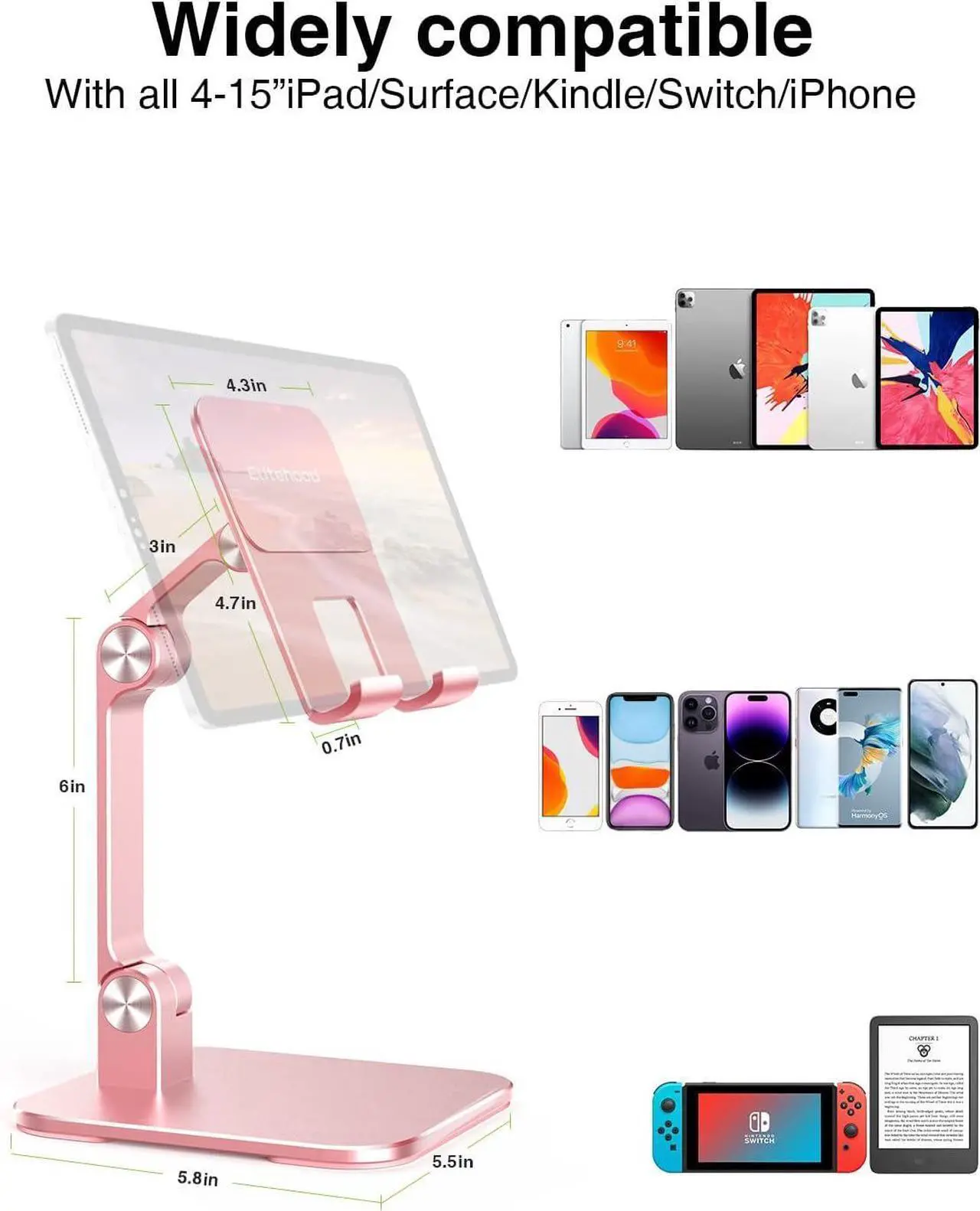 Alt view image 4 of 7 - Aluminum iPad Stand for Desk [Ultra-Stable & Sturdy] Height Adjustable Tablet Stand Portable Stand Holder Dock for Home Office Compatible with iPad Pro 12.9 iPad Air Mini 6 5 4 3 Pink