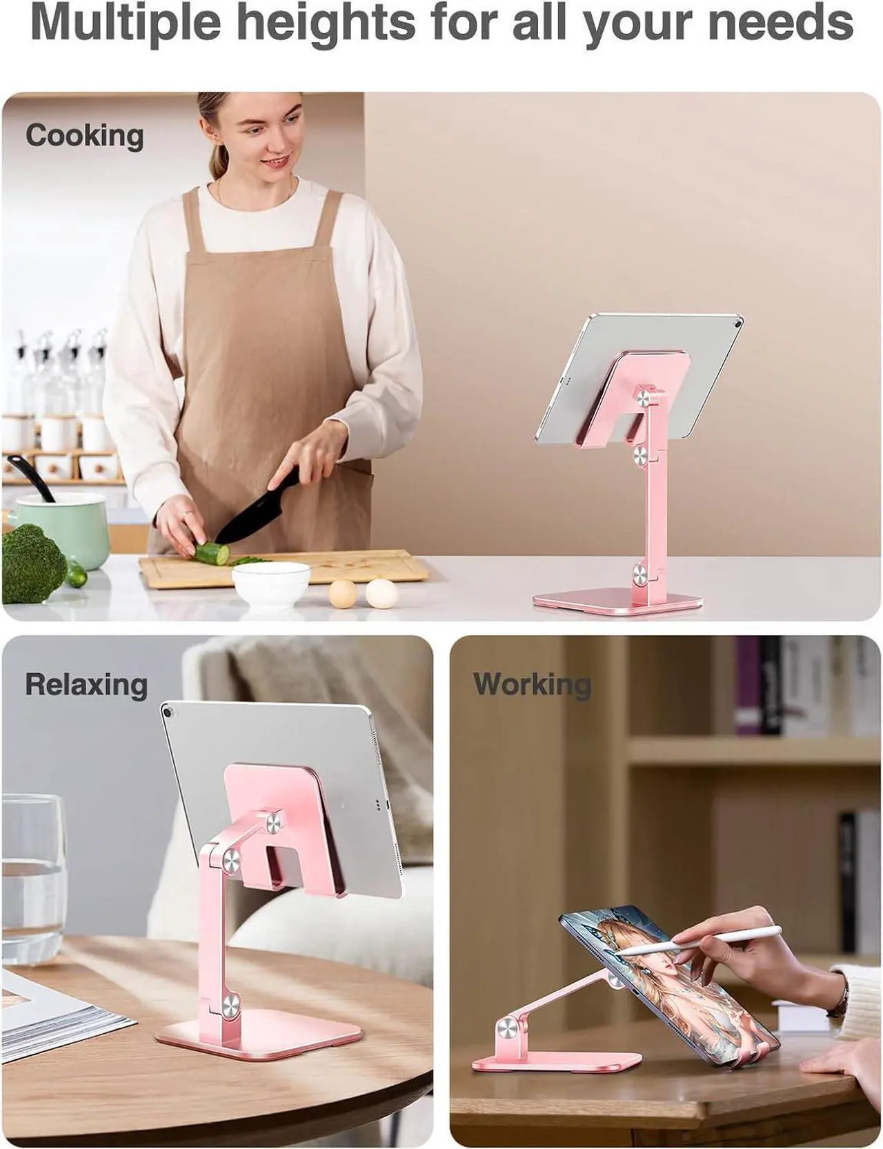 Alt view image 6 of 7 - Aluminum iPad Stand for Desk [Ultra-Stable & Sturdy] Height Adjustable Tablet Stand Portable Stand Holder Dock for Home Office Compatible with iPad Pro 12.9 iPad Air Mini 6 5 4 3 Pink
