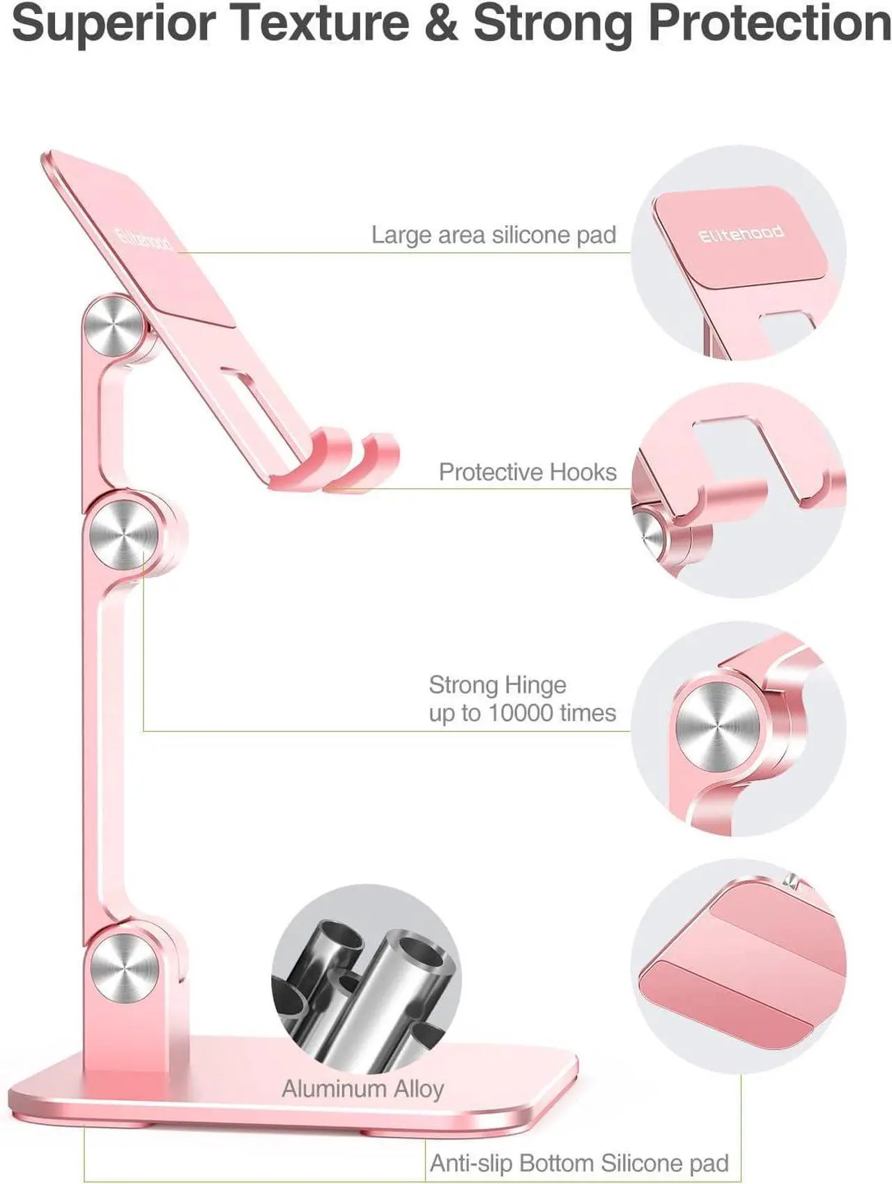 Alt view image 7 of 7 - Aluminum iPad Stand for Desk [Ultra-Stable & Sturdy] Height Adjustable Tablet Stand Portable Stand Holder Dock for Home Office Compatible with iPad Pro 12.9 iPad Air Mini 6 5 4 3 Pink