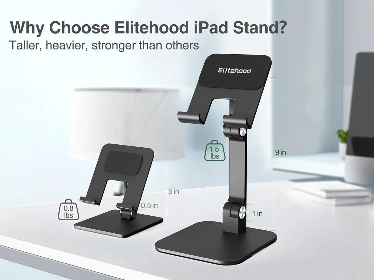 Alt view image 2 of 7 - Aluminum iPad Stand for Desk [Ultra-Stable & Sturdy] Height Adjustable Tablet Stand Portable Tablet Holder Dock for Home Office Compatible with iPad Pro 12.9 iPad Air Mini 6 5 4 3 Black