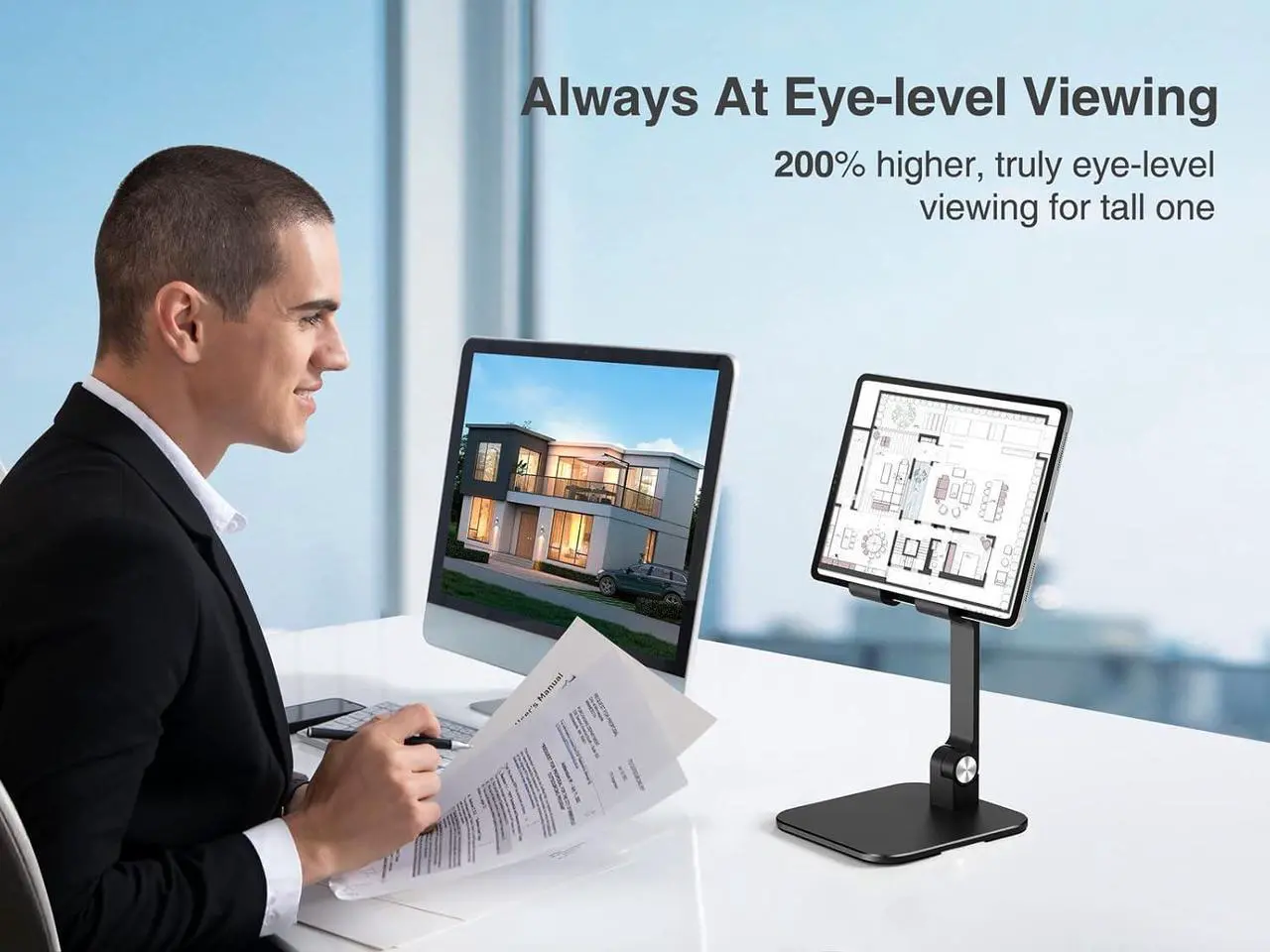 Alt view image 3 of 7 - Aluminum iPad Stand for Desk [Ultra-Stable & Sturdy] Height Adjustable Tablet Stand Portable Tablet Holder Dock for Home Office Compatible with iPad Pro 12.9 iPad Air Mini 6 5 4 3 Black