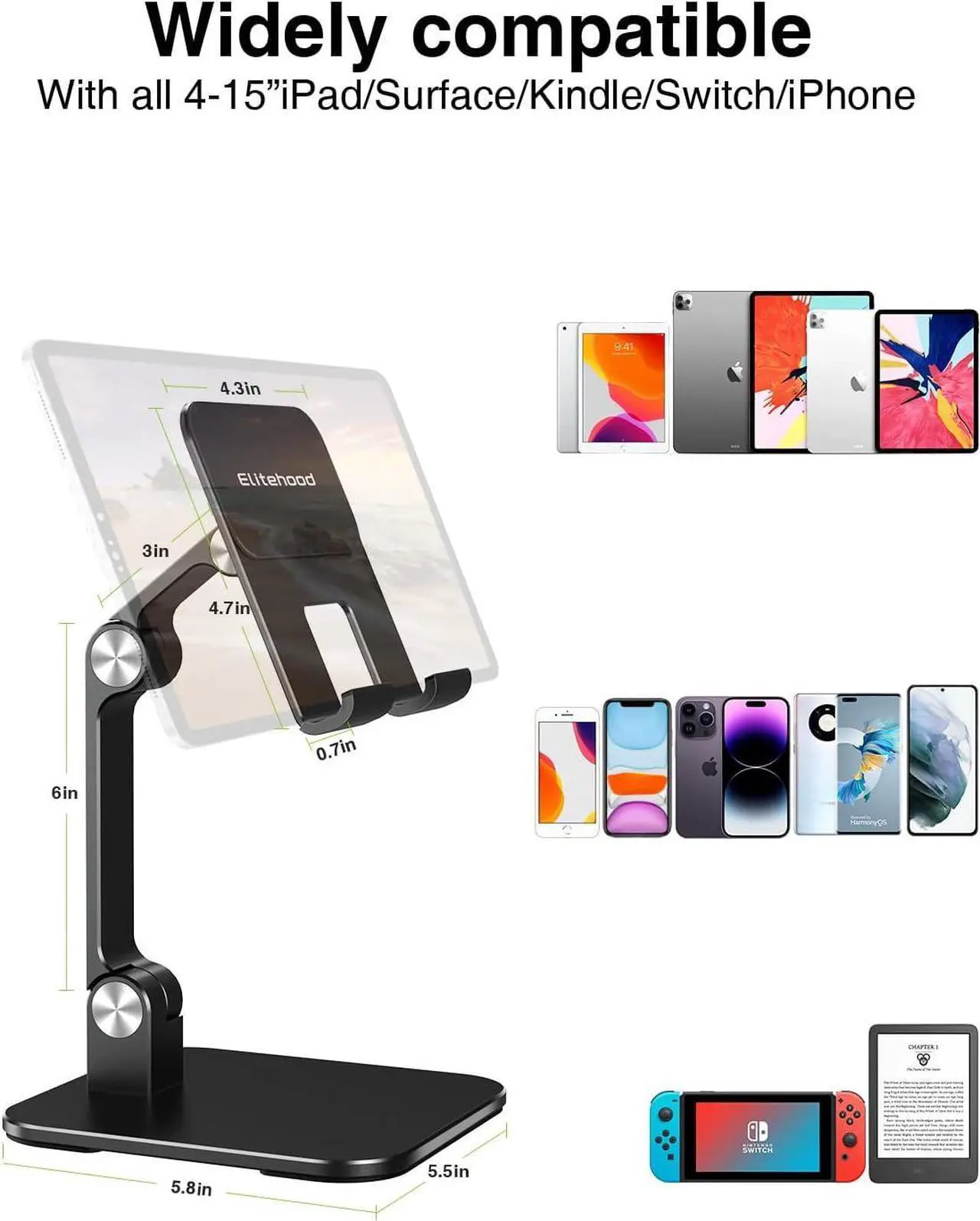 Alt view image 4 of 7 - Aluminum iPad Stand for Desk [Ultra-Stable & Sturdy] Height Adjustable Tablet Stand Portable Tablet Holder Dock for Home Office Compatible with iPad Pro 12.9 iPad Air Mini 6 5 4 3 Black