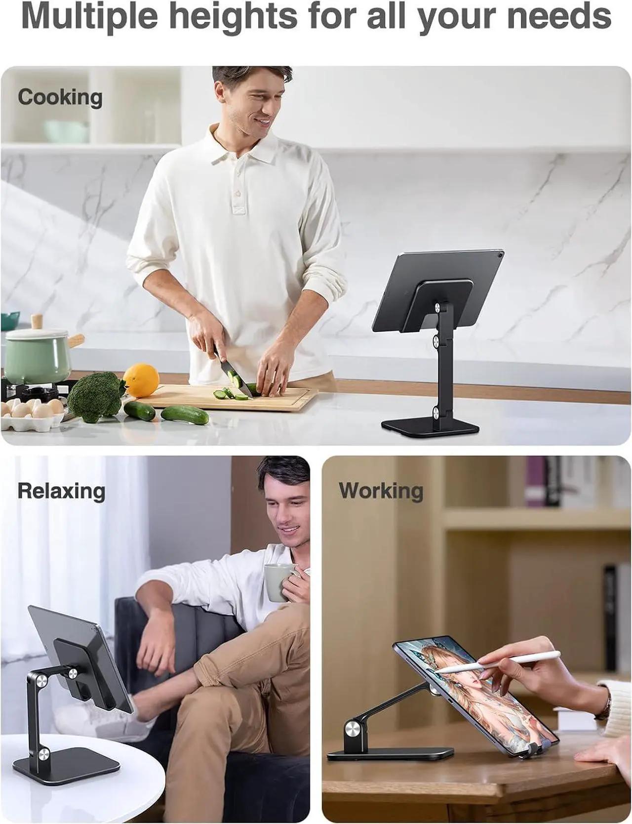 Alt view image 6 of 7 - Aluminum iPad Stand for Desk [Ultra-Stable & Sturdy] Height Adjustable Tablet Stand Portable Tablet Holder Dock for Home Office Compatible with iPad Pro 12.9 iPad Air Mini 6 5 4 3 Black