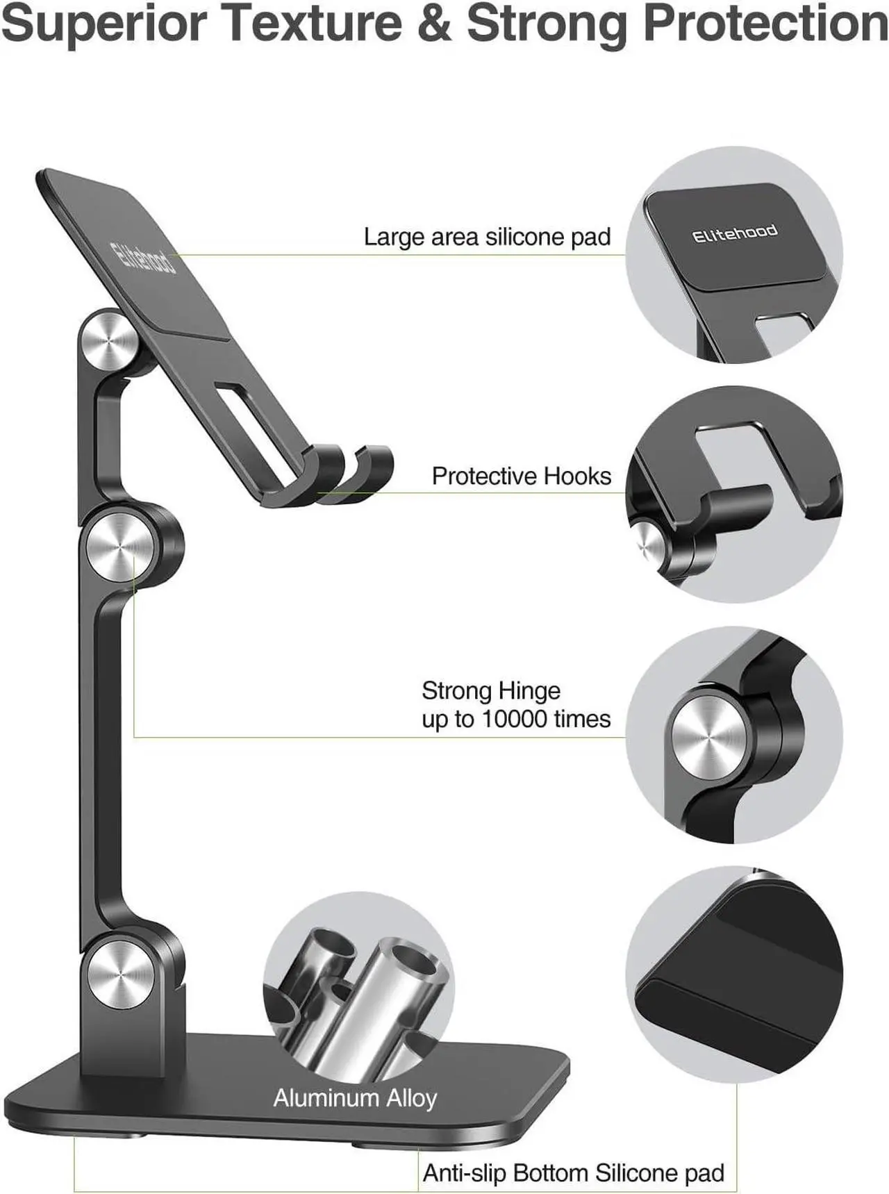 Alt view image 7 of 7 - Aluminum iPad Stand for Desk [Ultra-Stable & Sturdy] Height Adjustable Tablet Stand Portable Tablet Holder Dock for Home Office Compatible with iPad Pro 12.9 iPad Air Mini 6 5 4 3 Black