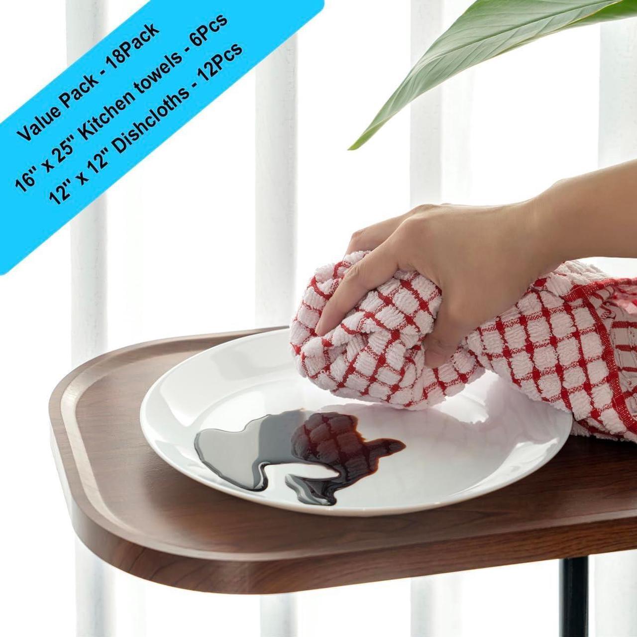 Alt view image 3 of 7 - 100% Cotton Kitchen Towels and Dishcloths Set Set of 18 Kitchen Towels Set 6Pcs 16 x 25 Inches and 12Pcs 12 x 12 Inches Checkered Designed Super Soft and Absorbent Kitchen Towels Sets