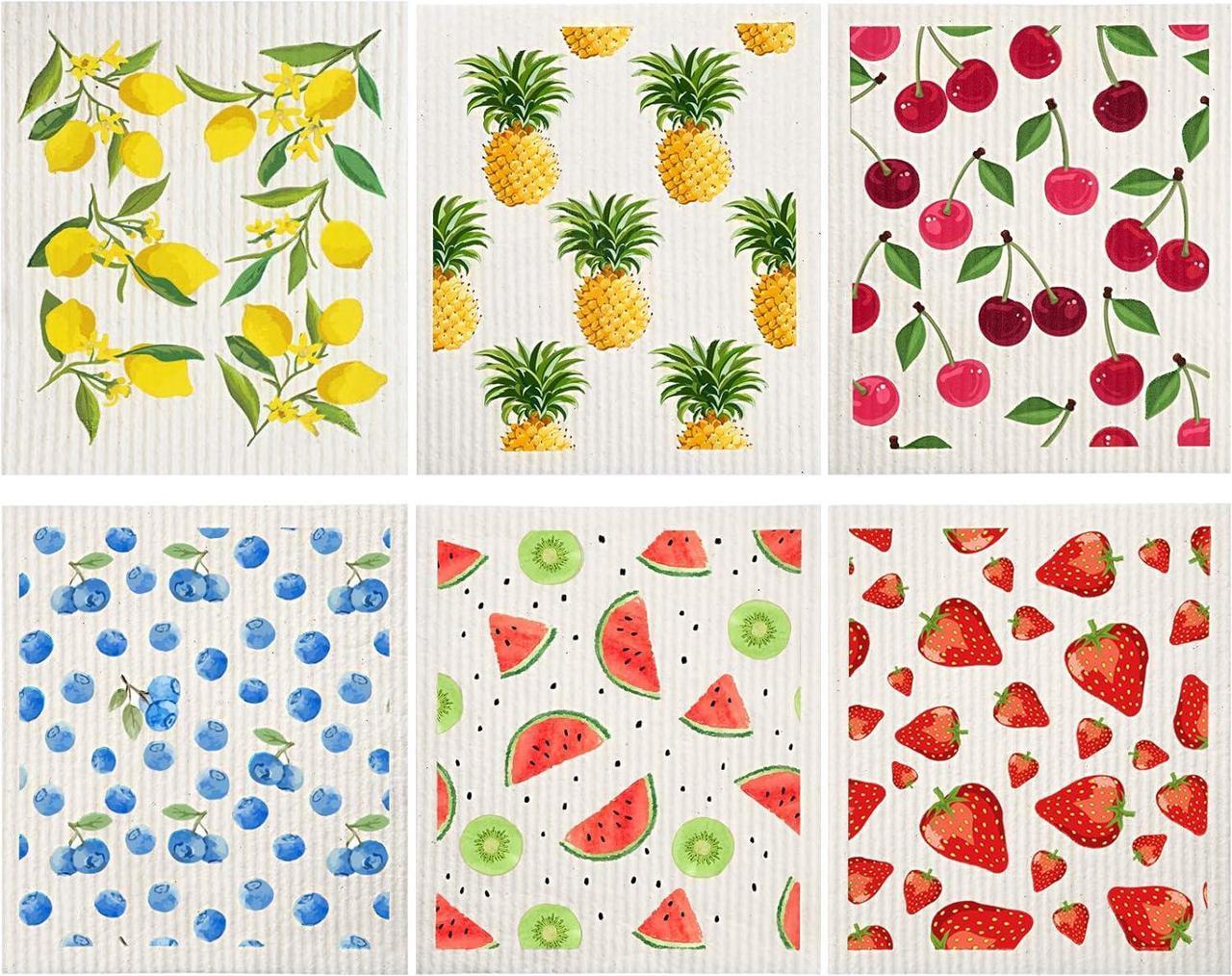 Main image of Mixed Fruit Swedish Kitchen Dishcloths Reusable Dish Towels Absorbent and Fast Dry Cleaning Cloths for Kitchen Blueberry Cherry Strawberry Lemon Pineapple Watermelon Cleaning Wipes (6 Pieces)