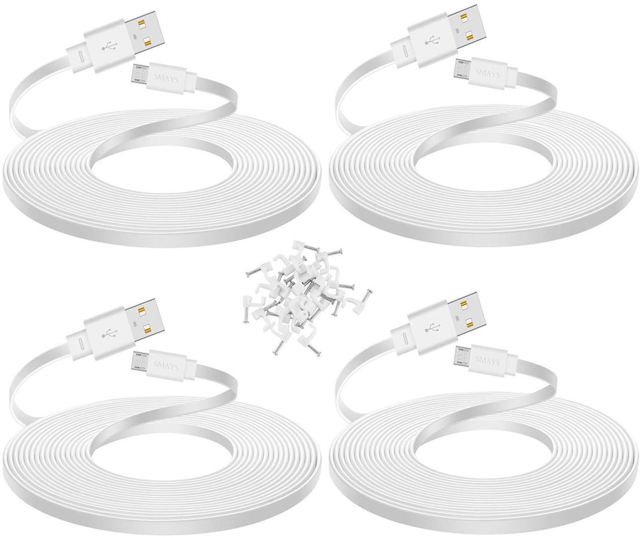 Main image of 4-Pack 25 ft Extension Cable for WYZE Cam v4 WYZE Cam v3 and v3 Pro Camera Long Flat Micro USB Cord White