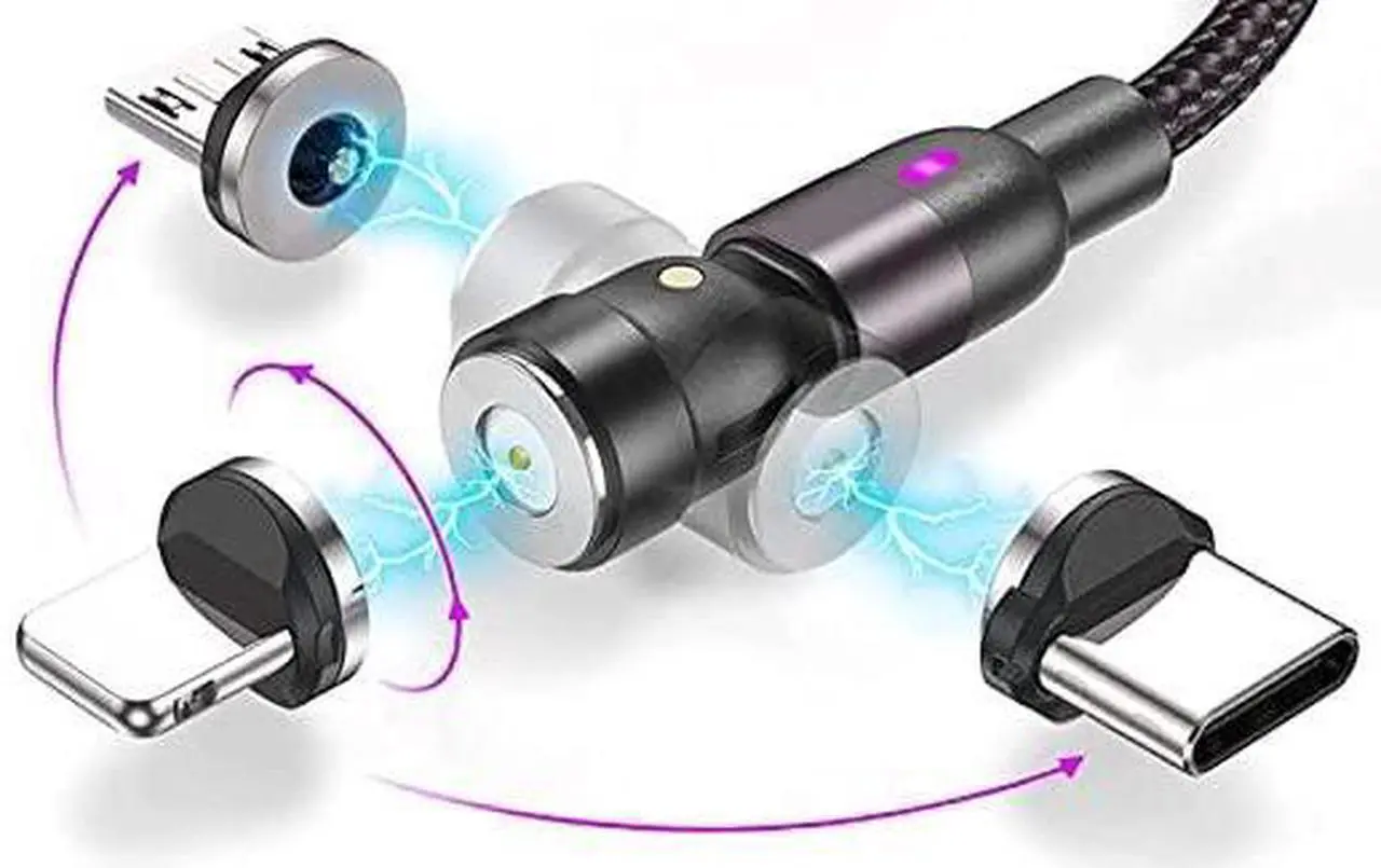 Main image of 360 Rotating Magnetic Charging Cable - USB to USB C Cable Micro-USB Magnetic iPhone Charger 3-in-1 Tip Adapters Magnetic Phone Charger with LED Light 90 Degree Right Angle Black 3FT/1M