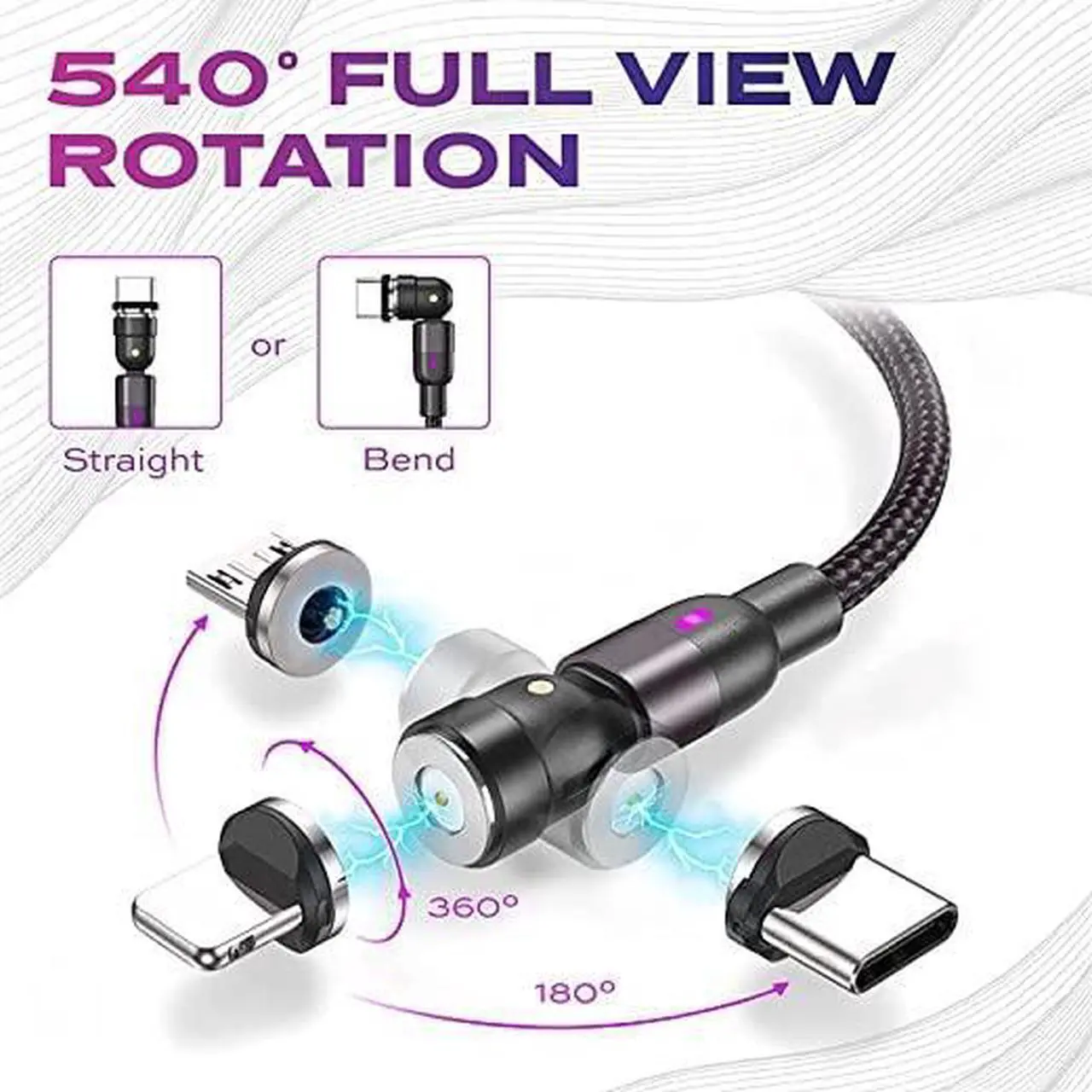 Alt view image 2 of 7 - 360 Rotating Magnetic Charging Cable - USB to USB C Cable Micro-USB Magnetic iPhone Charger 3-in-1 Tip Adapters Magnetic Phone Charger with LED Light 90 Degree Right Angle Black 3FT/1M