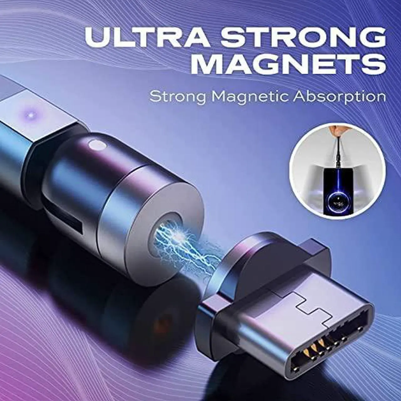 Alt view image 3 of 7 - 360 Rotating Magnetic Charging Cable - USB to USB C Cable Micro-USB Magnetic iPhone Charger 3-in-1 Tip Adapters Magnetic Phone Charger with LED Light 90 Degree Right Angle Black 3FT/1M