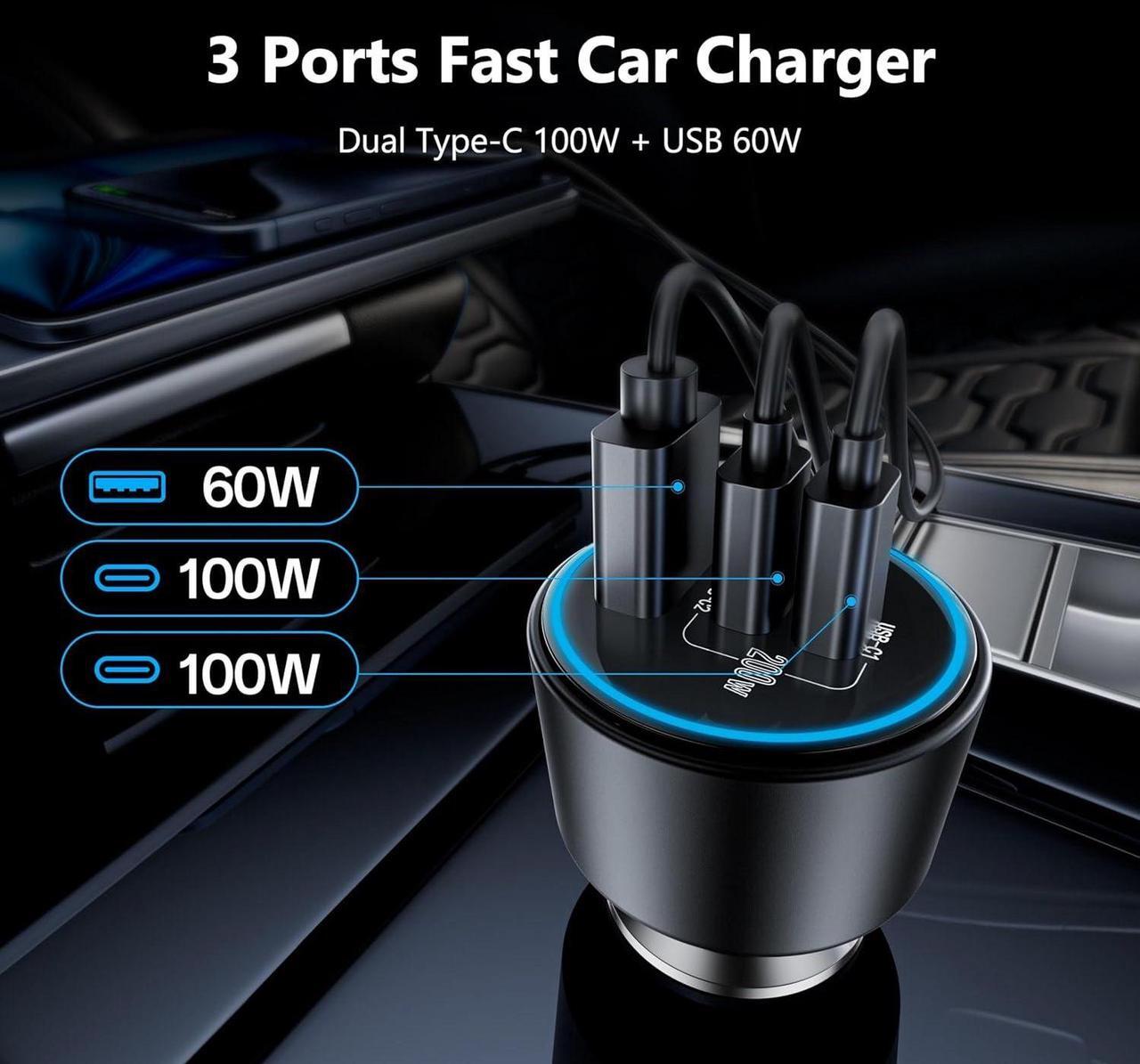 Alt view image 3 of 7 - USB C Car Charger Fast Charging 200W Dual PD 100W Type C Car Charger PD3.0/QC4.0/PPS Cigarette Lighter Adapter for iPhone 16/15/14/13/12 Galaxy S22/S21 Ultra MacBook Laptop etc