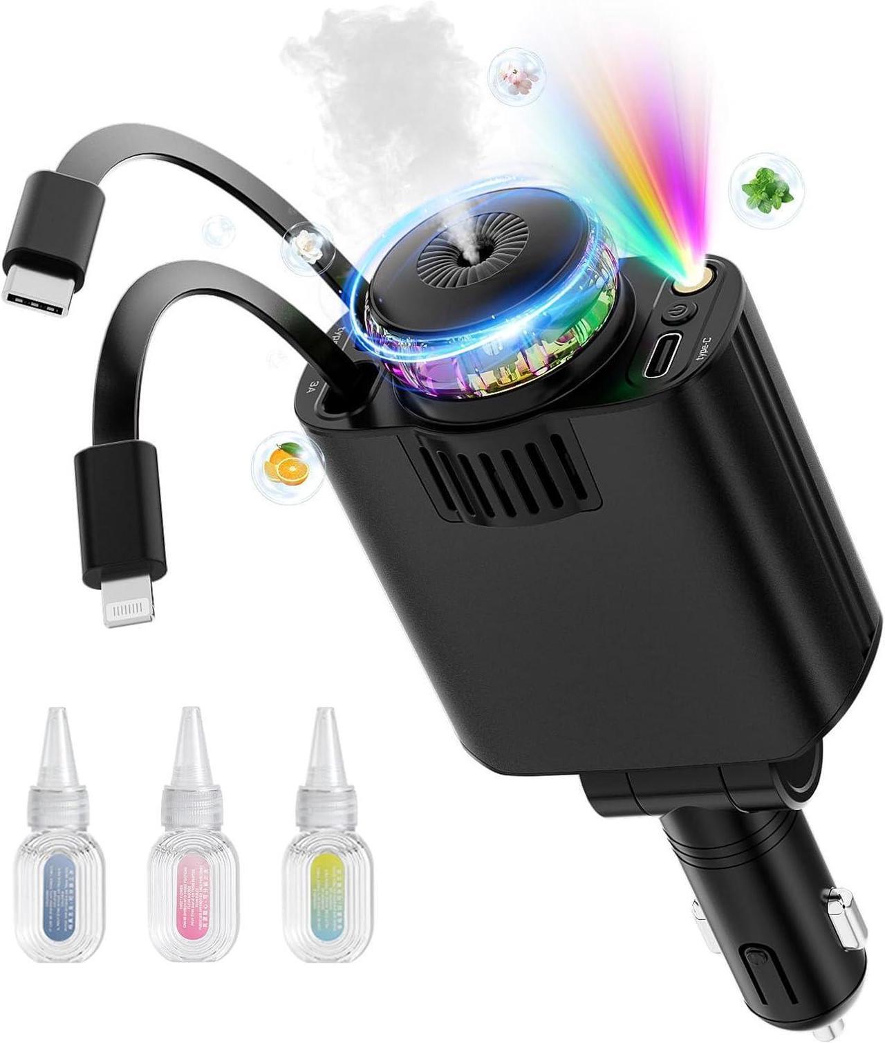 Main image of Retractable Car Charger with Aromatherapy and Starlight 5 in 1 USB C Car Charger for iPhone 16 15 14 13 12 11 Fast Charging Compatible with iPhone Android (Black)