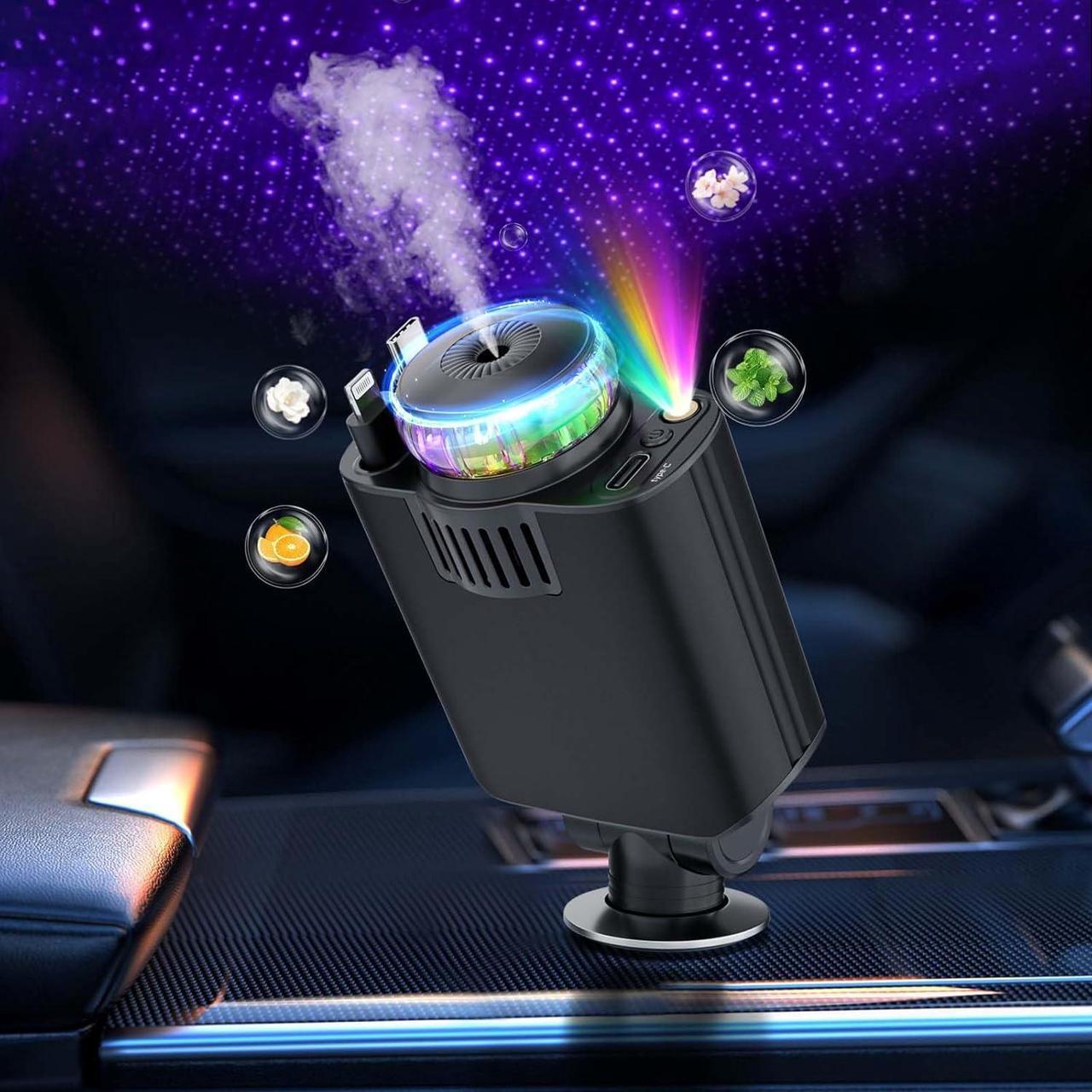 Alt view image 3 of 7 - Retractable Car Charger with Aromatherapy and Starlight 5 in 1 USB C Car Charger for iPhone 16 15 14 13 12 11 Fast Charging Compatible with iPhone Android (Black)