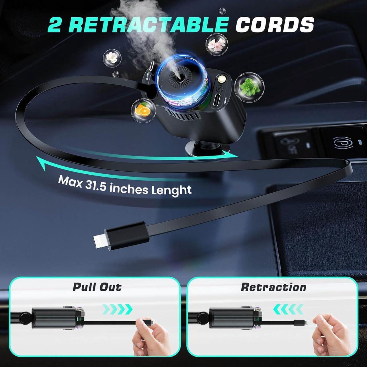 Alt view image 6 of 7 - Retractable Car Charger with Aromatherapy and Starlight 5 in 1 USB C Car Charger for iPhone 16 15 14 13 12 11 Fast Charging Compatible with iPhone Android (Black)