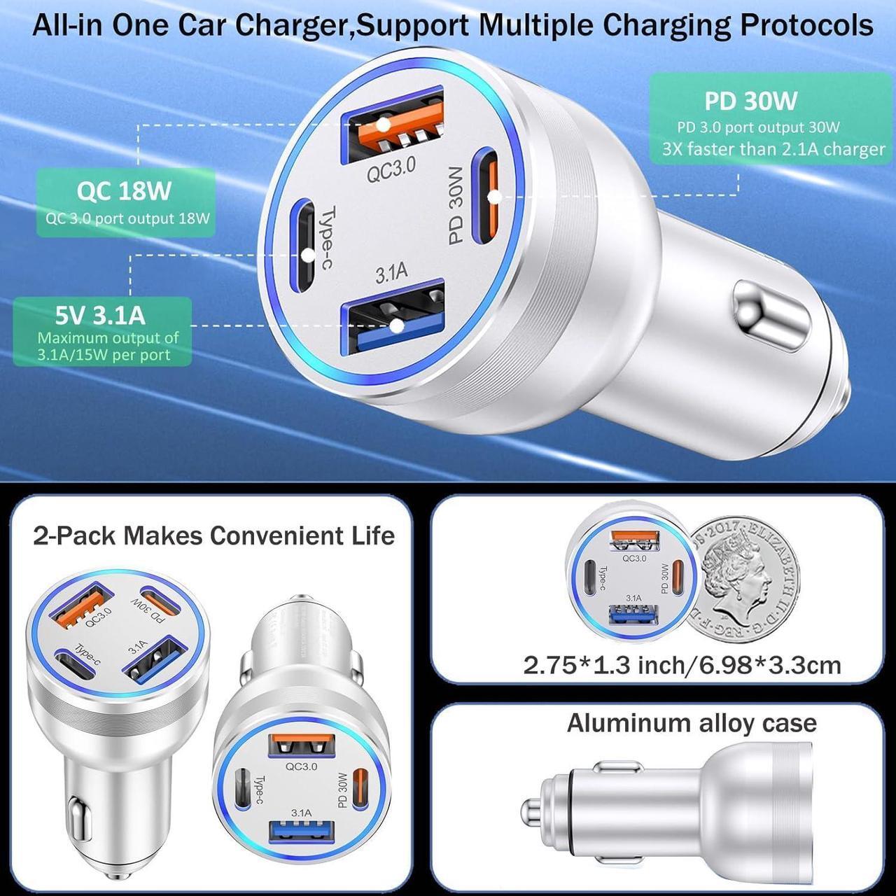 Alt view image 5 of 7 - USB C Car Charger Fast Charging 2 Pack 4-Ports 65W Fast USBC Car Phone Charger Cigarette Lighter Adapter PD&QC3.0 Type C Car Charger Adapter for iPhone 16/15/14/13/12/11/Pro Max iPad  Galaxy