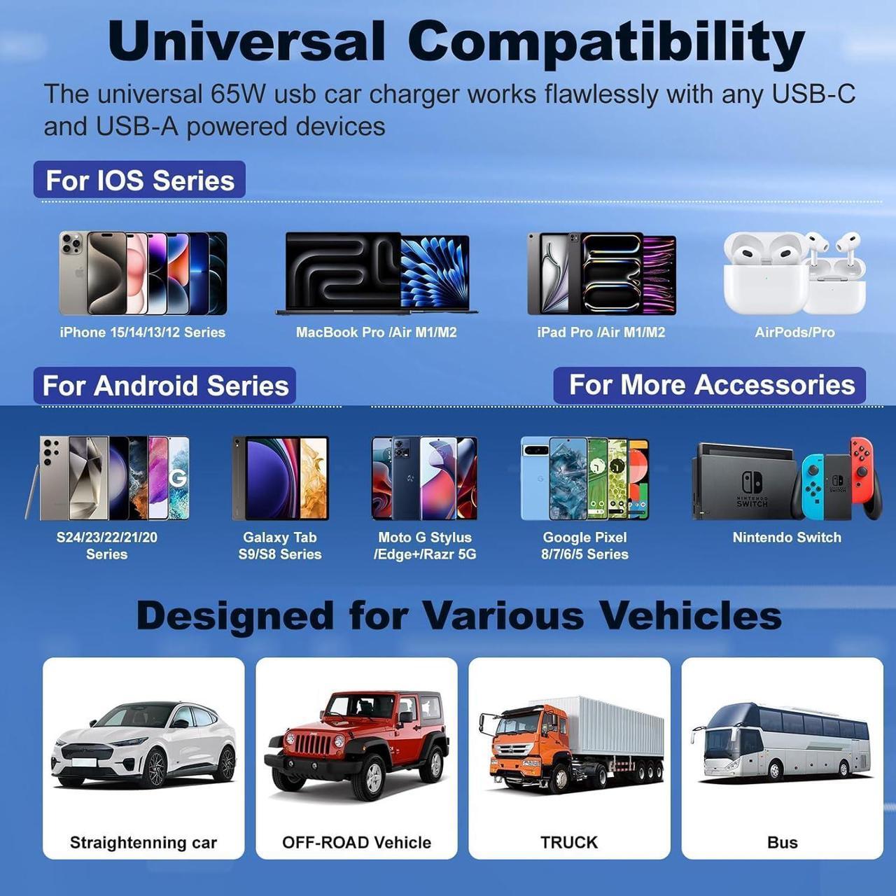Alt view image 7 of 7 - USB C Car Charger Fast Charging 2 Pack 4-Ports 65W Fast USBC Car Phone Charger Cigarette Lighter Adapter PD&QC3.0 Type C Car Charger Adapter for iPhone 16/15/14/13/12/11/Pro Max iPad  Galaxy