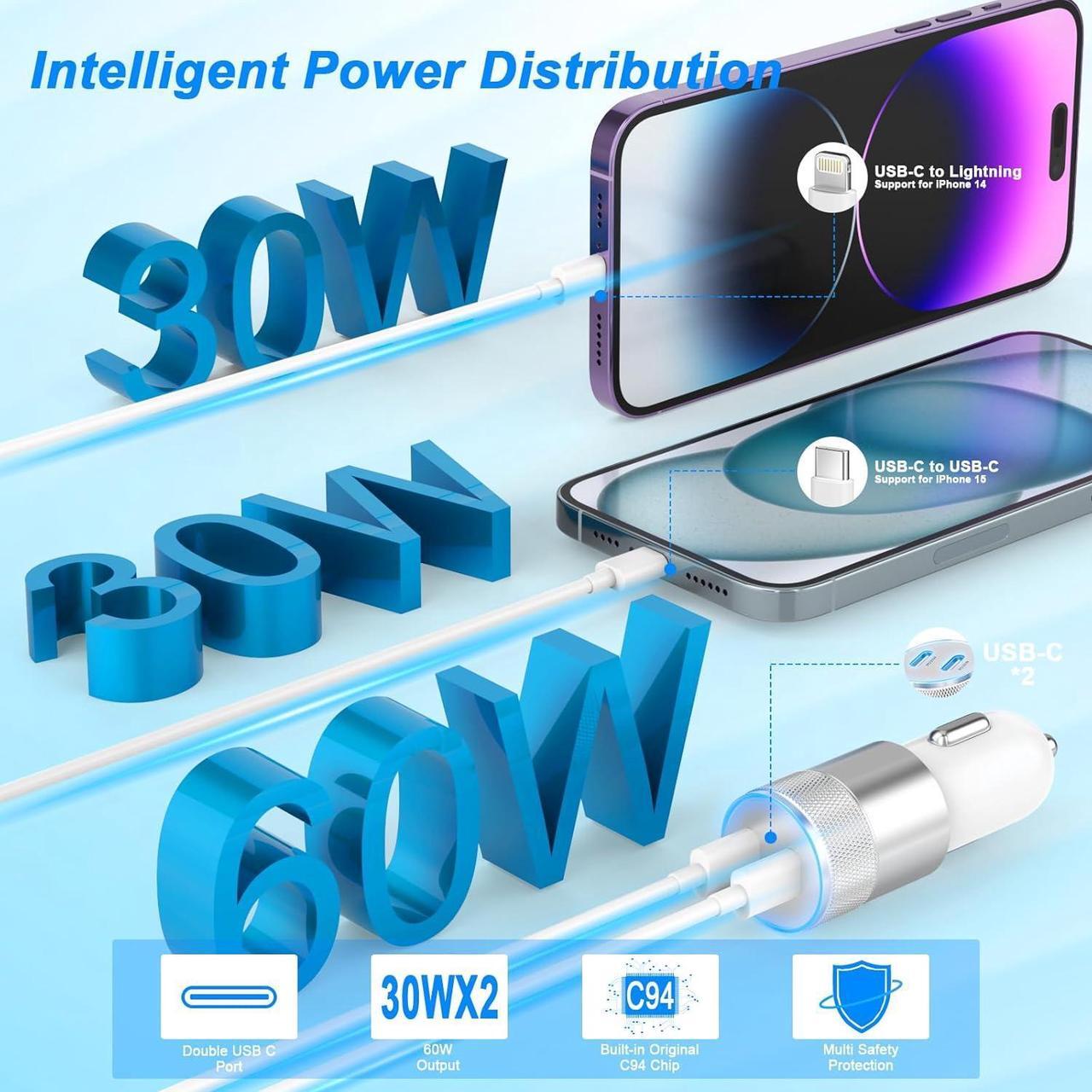 Alt view image 2 of 7 - iPhone Car Charger Fast Charging [ MFi Certified] 60W Dual USB-C Power Cigarette Lighter Car Charger+Type-C Cable&Lightning Cable for iPhone 16 15 14 13 12 Pro Plus XS XR iPad  Carplay