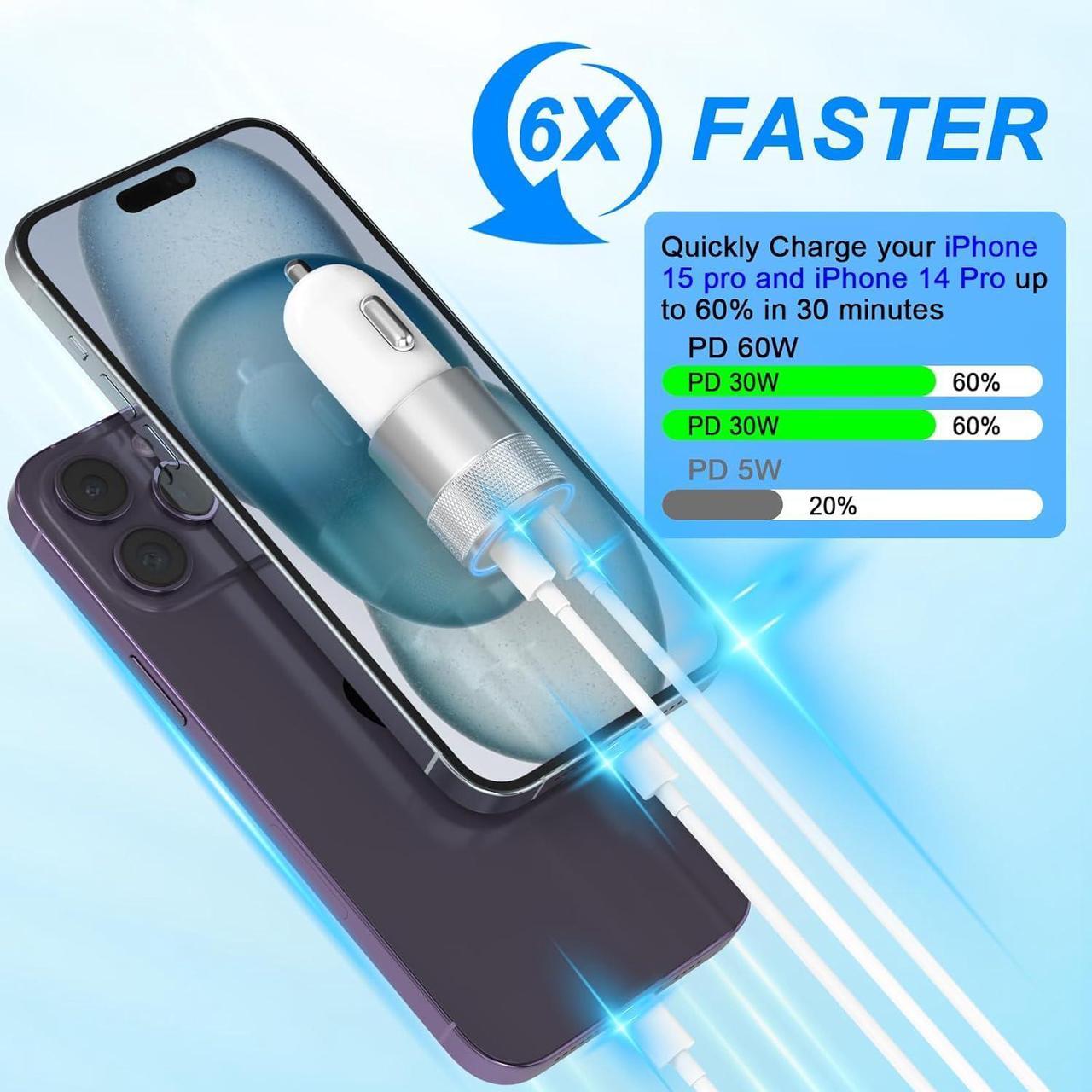 Alt view image 4 of 7 - iPhone Car Charger Fast Charging [ MFi Certified] 60W Dual USB-C Power Cigarette Lighter Car Charger+Type-C Cable&Lightning Cable for iPhone 16 15 14 13 12 Pro Plus XS XR iPad  Carplay