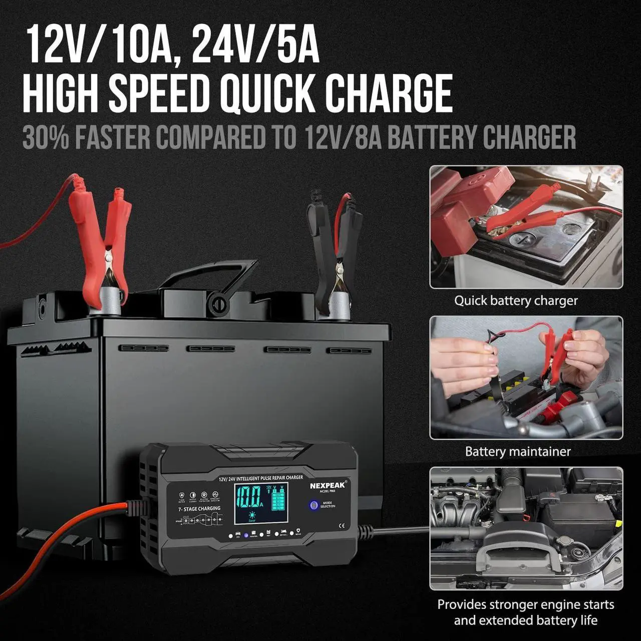 Alt view image 2 of 7 - 10-Amp Car Battery Charger 12V and 24V Smart Fully Automatic Battery Trickle Charger Maintainer w/Temp Compensation for Truck Motorcycle Lawn Mower Boat Marine Lead Acid Batteries