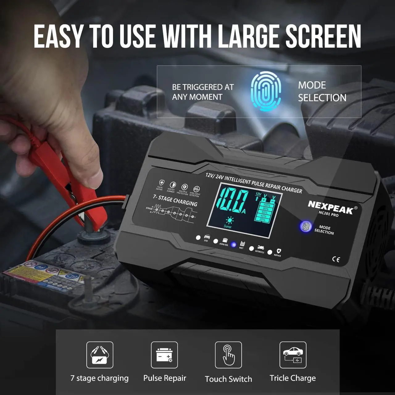 Alt view image 3 of 7 - 10-Amp Car Battery Charger 12V and 24V Smart Fully Automatic Battery Trickle Charger Maintainer w/Temp Compensation for Truck Motorcycle Lawn Mower Boat Marine Lead Acid Batteries