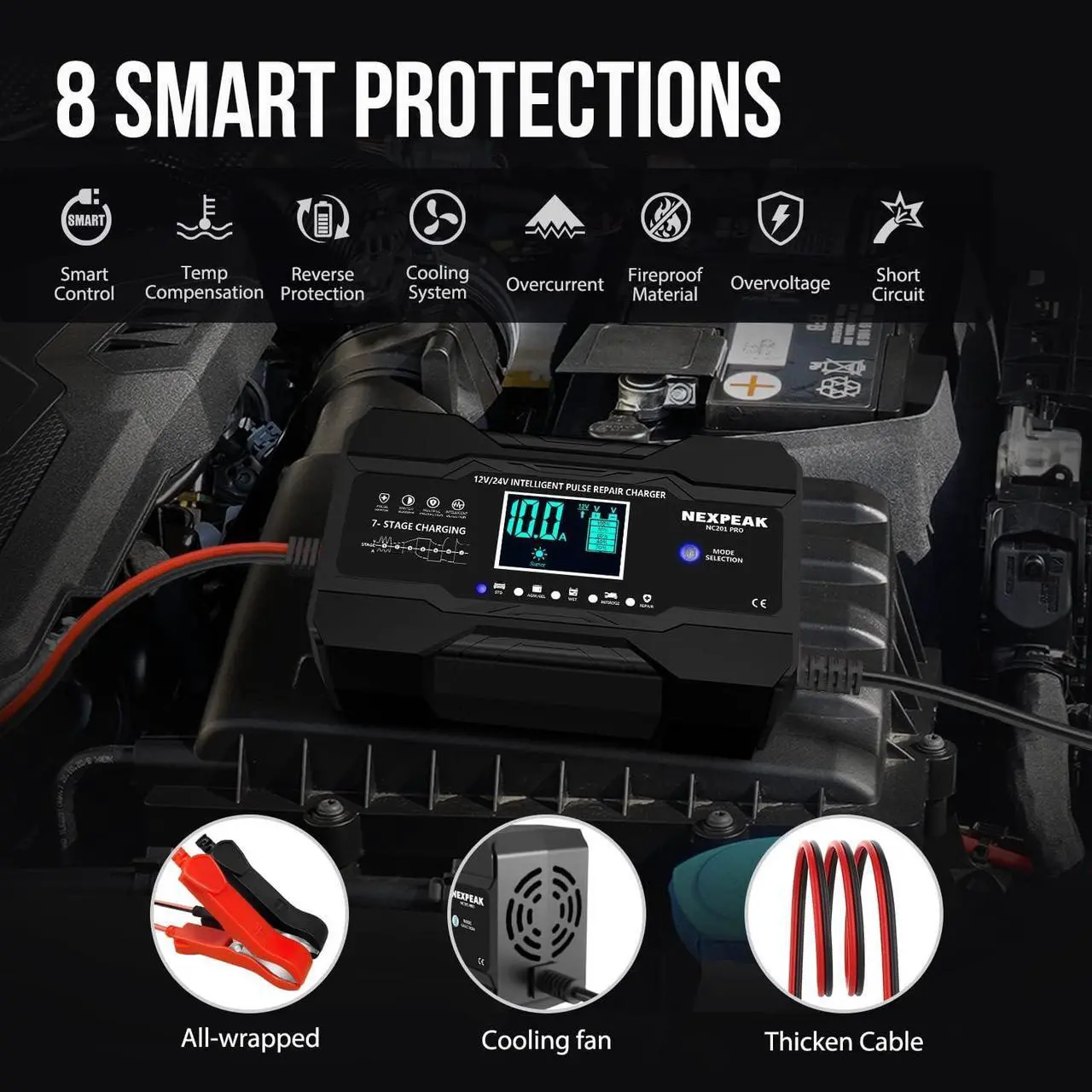Alt view image 4 of 7 - 10-Amp Car Battery Charger 12V and 24V Smart Fully Automatic Battery Trickle Charger Maintainer w/Temp Compensation for Truck Motorcycle Lawn Mower Boat Marine Lead Acid Batteries