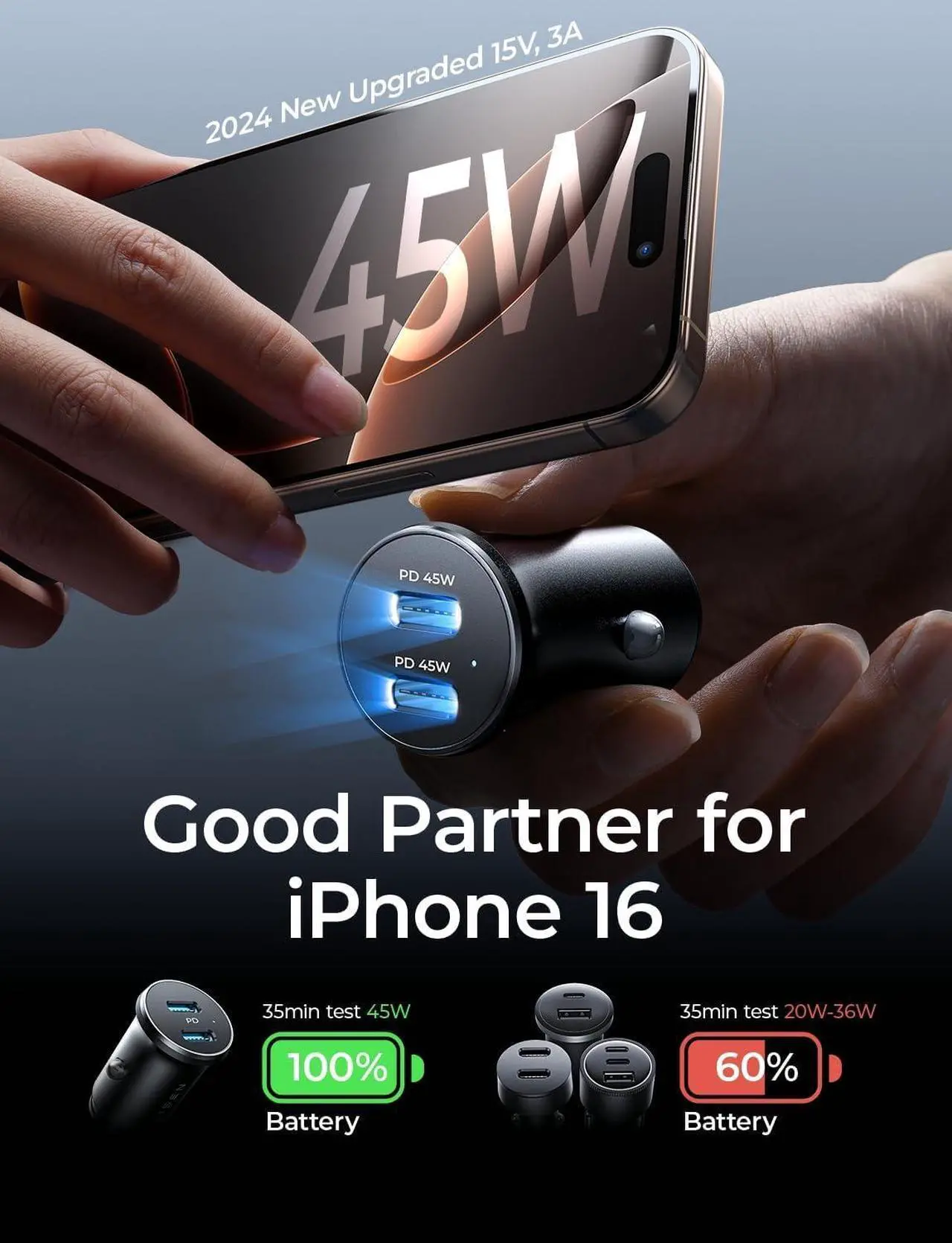 Alt view image 3 of 7 - 90W USB C Car Charger 2-Port PD 45W & QC 3.0 USB C Cigarette Lighter Adapter for iPhone 16 [All Metal & Mini] USB C Car Charger Fast Charging for iPhone 16/15/14/13 Pro Galaxy S25/S24 iPad