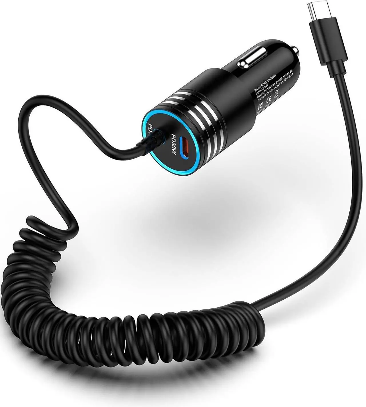 Main image of iPhone 16e Car Charger USB C 60W Dual PD Super Fast Charging Car Adapter with Coiled USB-C Cable for  16 Pro Max/16 Pro/15 Plus/15 Pro iPad Mini/Air/Pro 11 13inch Type C cargador para for Car