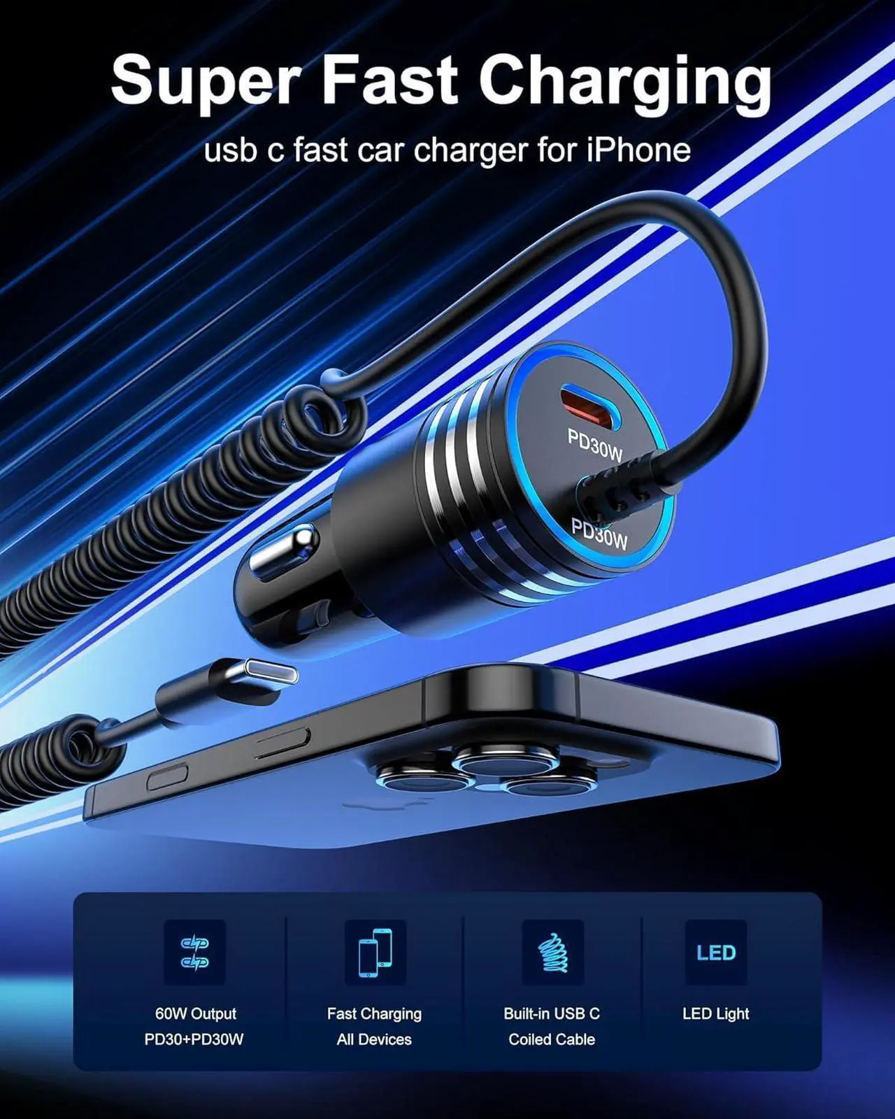 Alt view image 2 of 7 - iPhone 16e Car Charger USB C 60W Dual PD Super Fast Charging Car Adapter with Coiled USB-C Cable for  16 Pro Max/16 Pro/15 Plus/15 Pro iPad Mini/Air/Pro 11 13inch Type C cargador para for Car