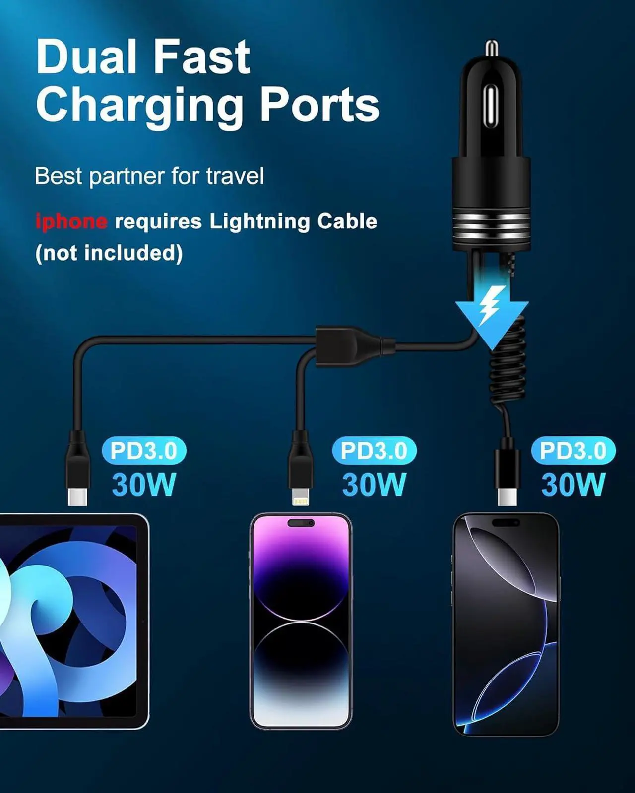 Alt view image 3 of 7 - iPhone 16e Car Charger USB C 60W Dual PD Super Fast Charging Car Adapter with Coiled USB-C Cable for  16 Pro Max/16 Pro/15 Plus/15 Pro iPad Mini/Air/Pro 11 13inch Type C cargador para for Car