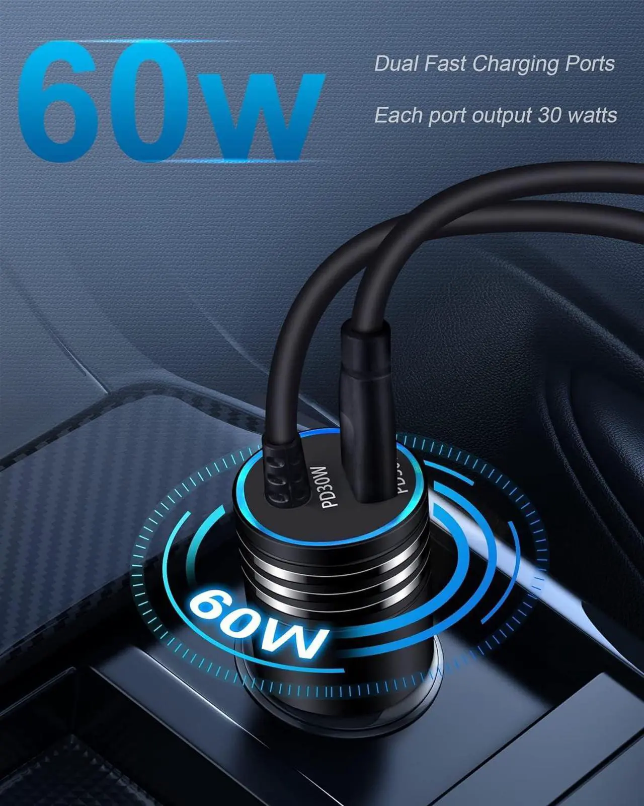 Alt view image 5 of 7 - iPhone 16e Car Charger USB C 60W Dual PD Super Fast Charging Car Adapter with Coiled USB-C Cable for  16 Pro Max/16 Pro/15 Plus/15 Pro iPad Mini/Air/Pro 11 13inch Type C cargador para for Car