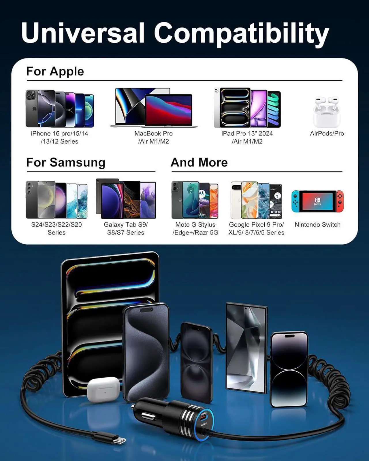 Alt view image 7 of 7 - iPhone 16e Car Charger USB C 60W Dual PD Super Fast Charging Car Adapter with Coiled USB-C Cable for  16 Pro Max/16 Pro/15 Plus/15 Pro iPad Mini/Air/Pro 11 13inch Type C cargador para for Car