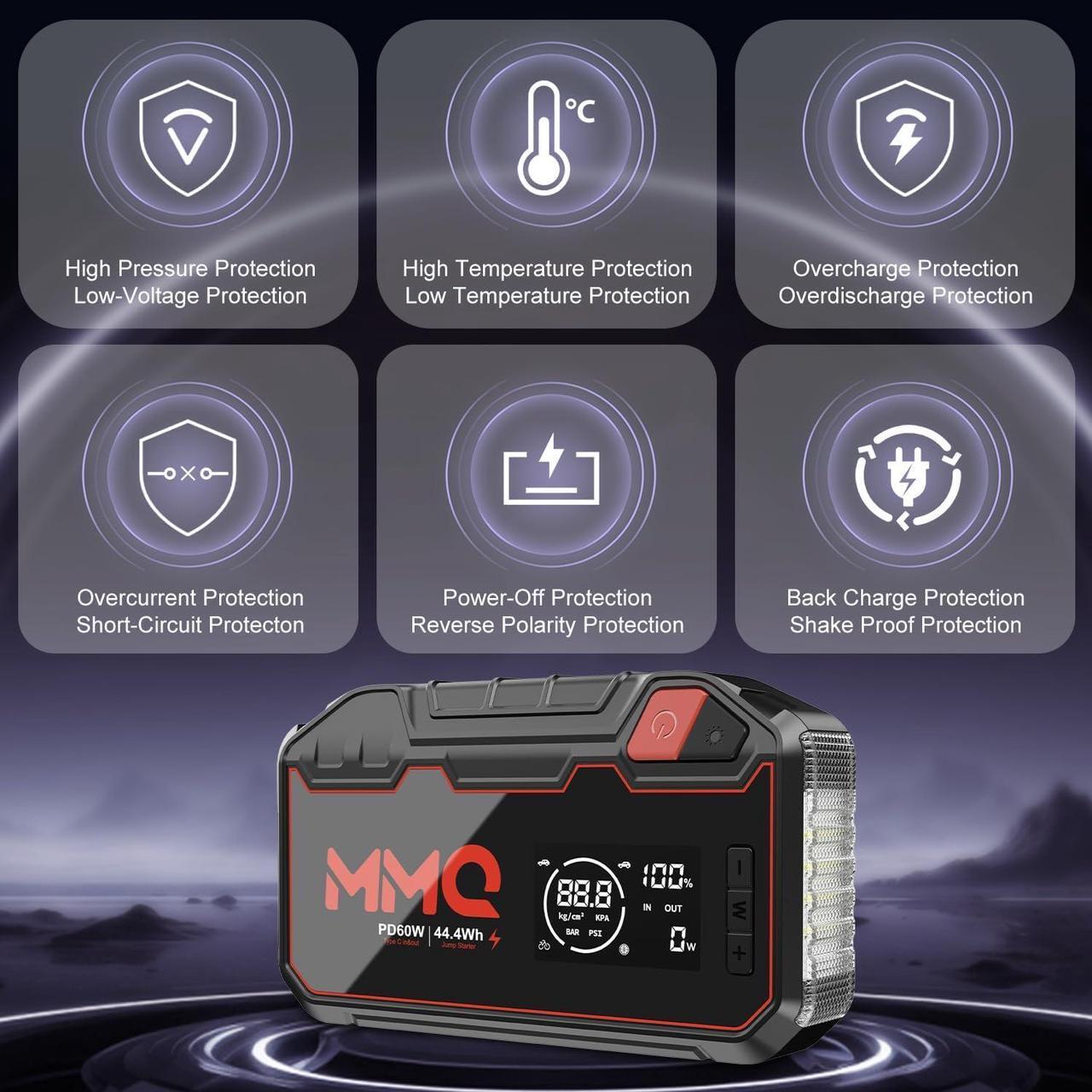 Alt view image 3 of 7 - 4-in-1 Multifunctional Jump Starter - 12000mAh Car Battery Charger Power Bank Air Compressor LED Light - 2400A Peak Current (Without EV Zipper Bag)
