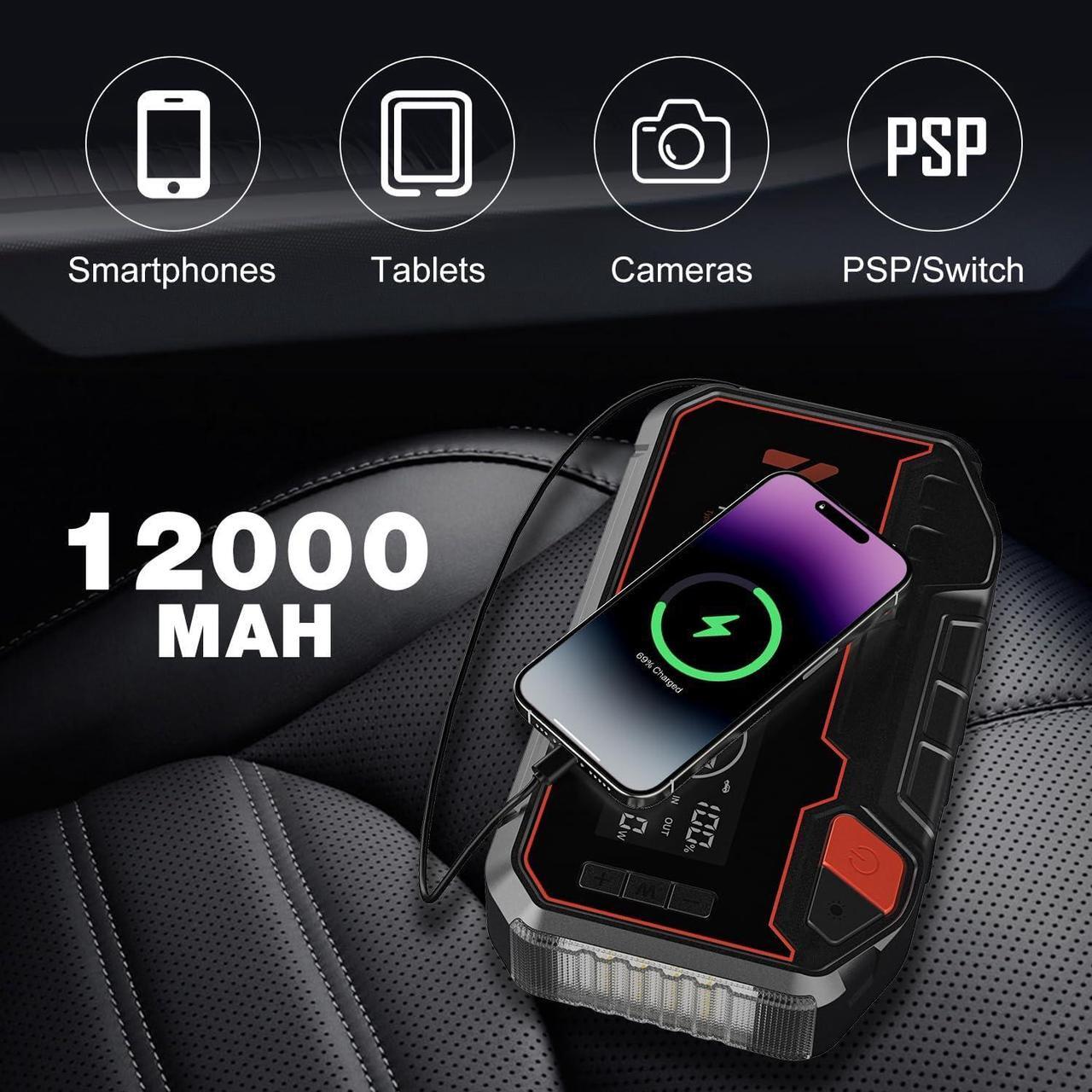 Alt view image 6 of 7 - 4-in-1 Multifunctional Jump Starter - 12000mAh Car Battery Charger Power Bank Air Compressor LED Light - 2400A Peak Current (Without EV Zipper Bag)
