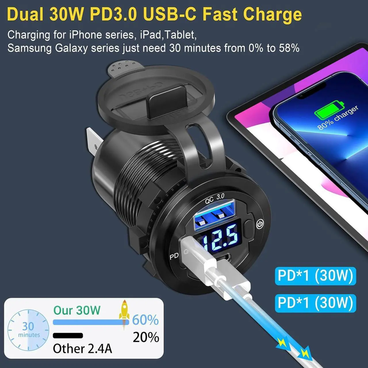 Alt view image 2 of 7 - USB C Car Charger Socket 12V USB Outlet 2 Pack: Aluminum Metal 78W Dual PD 30W and 18W QC3.0 Port Multi Charger Outlet with LED Voltmeter Power Switch for RV Motorcycle Boat Marine