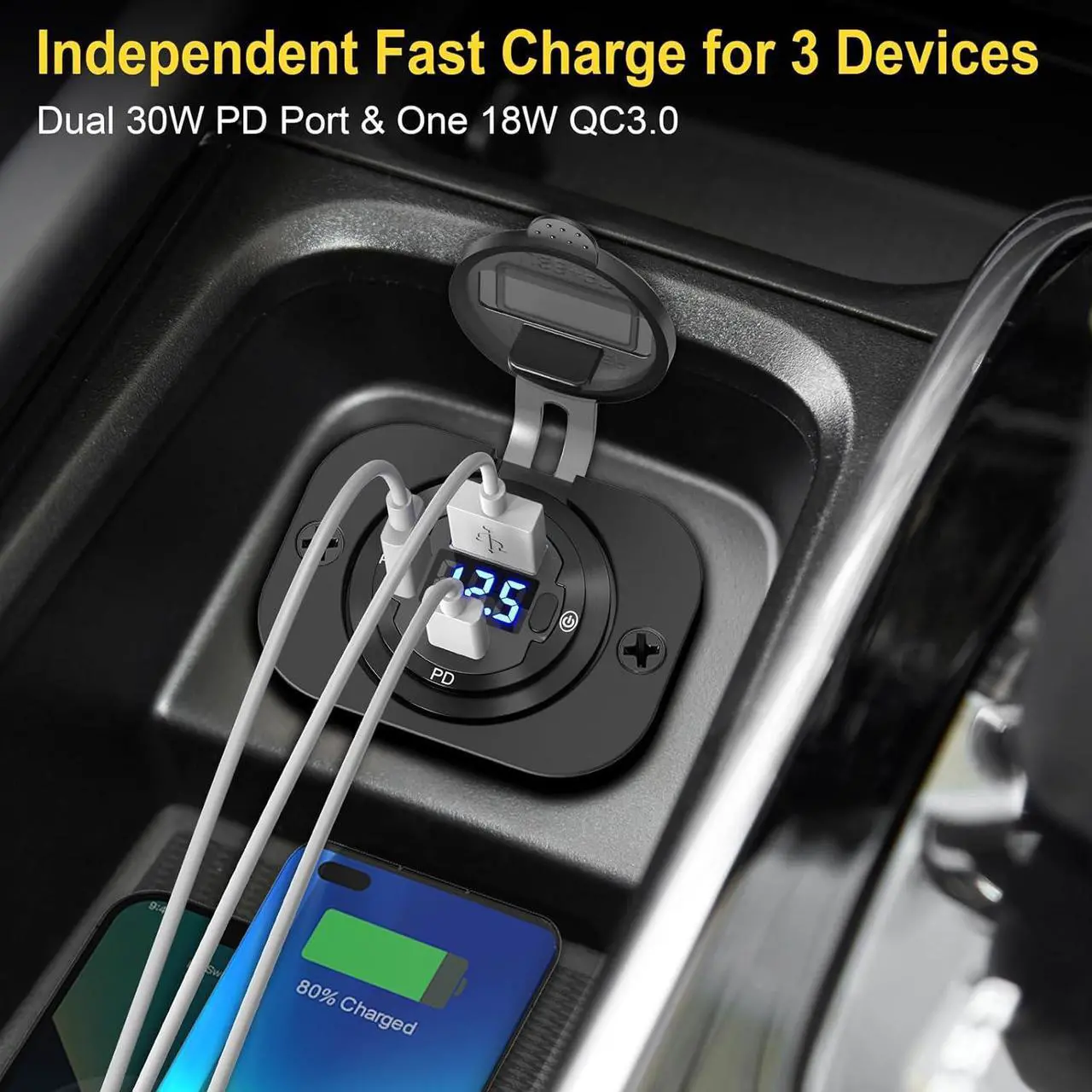 Alt view image 5 of 7 - USB C Car Charger Socket 12V USB Outlet 2 Pack: Aluminum Metal 78W Dual PD 30W and 18W QC3.0 Port Multi Charger Outlet with LED Voltmeter Power Switch for RV Motorcycle Boat Marine