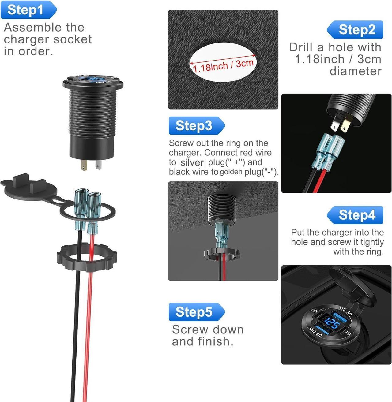 Alt view image 6 of 7 - Upgraded 4 Port 12V USB Outlet Aluminum Charger, 78W Dual PD & QC Multiple USB Port for Car, USB C Cigarette Lighter Replacement 12 Volt Socket with Voltmeter Waterproof for Marine Boat Motorcycle RV