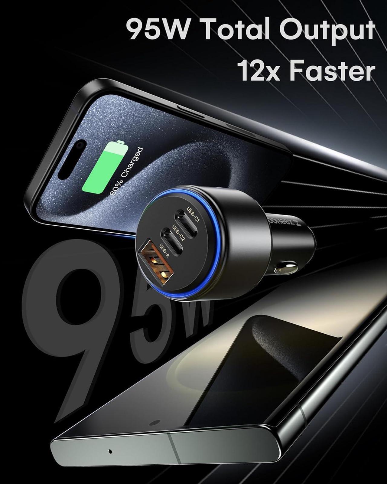 Alt view image 2 of 7 - Car Charger 95W USB C Car Charger Cigarette Lighter Charger Fast Car Charger Adapter Compatible with iPhone 15 Pro Max Plus 14 13 12  Galaxy S23/22 etc
