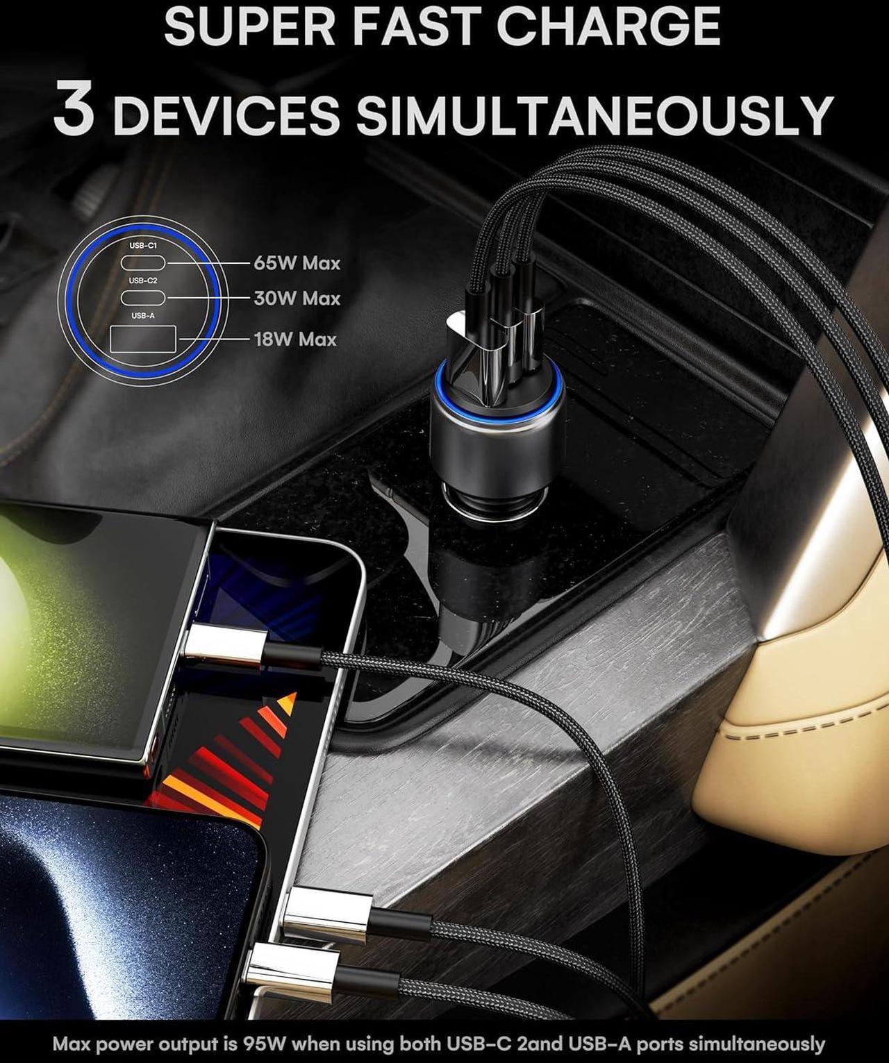 Alt view image 3 of 7 - Car Charger 95W USB C Car Charger Cigarette Lighter Charger Fast Car Charger Adapter Compatible with iPhone 15 Pro Max Plus 14 13 12  Galaxy S23/22 etc
